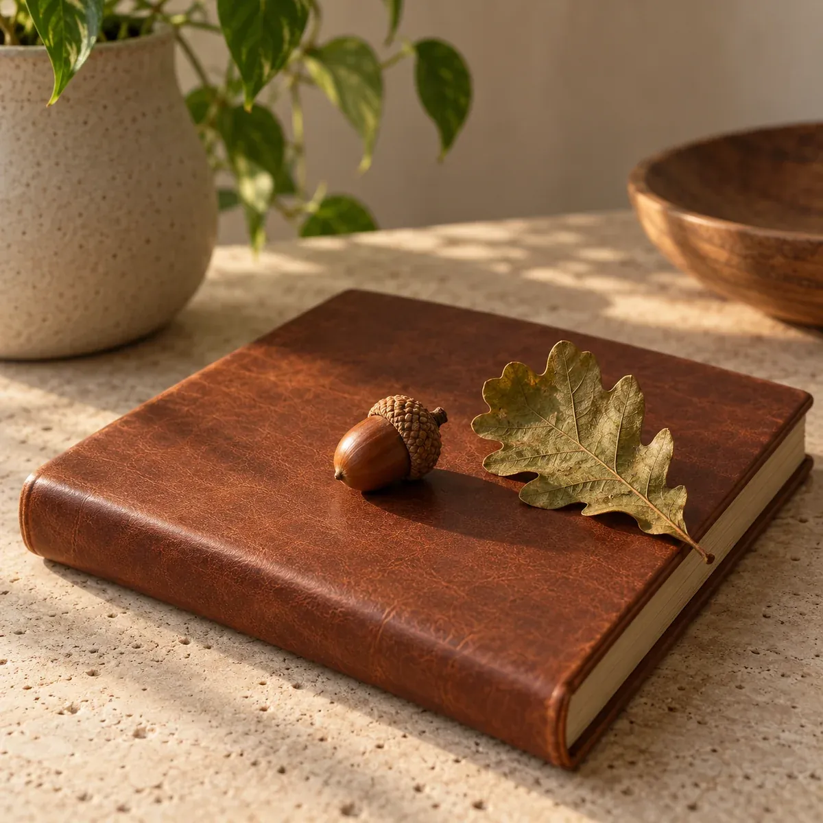 An acorn and an oak leaf resting on a closed leather ledger