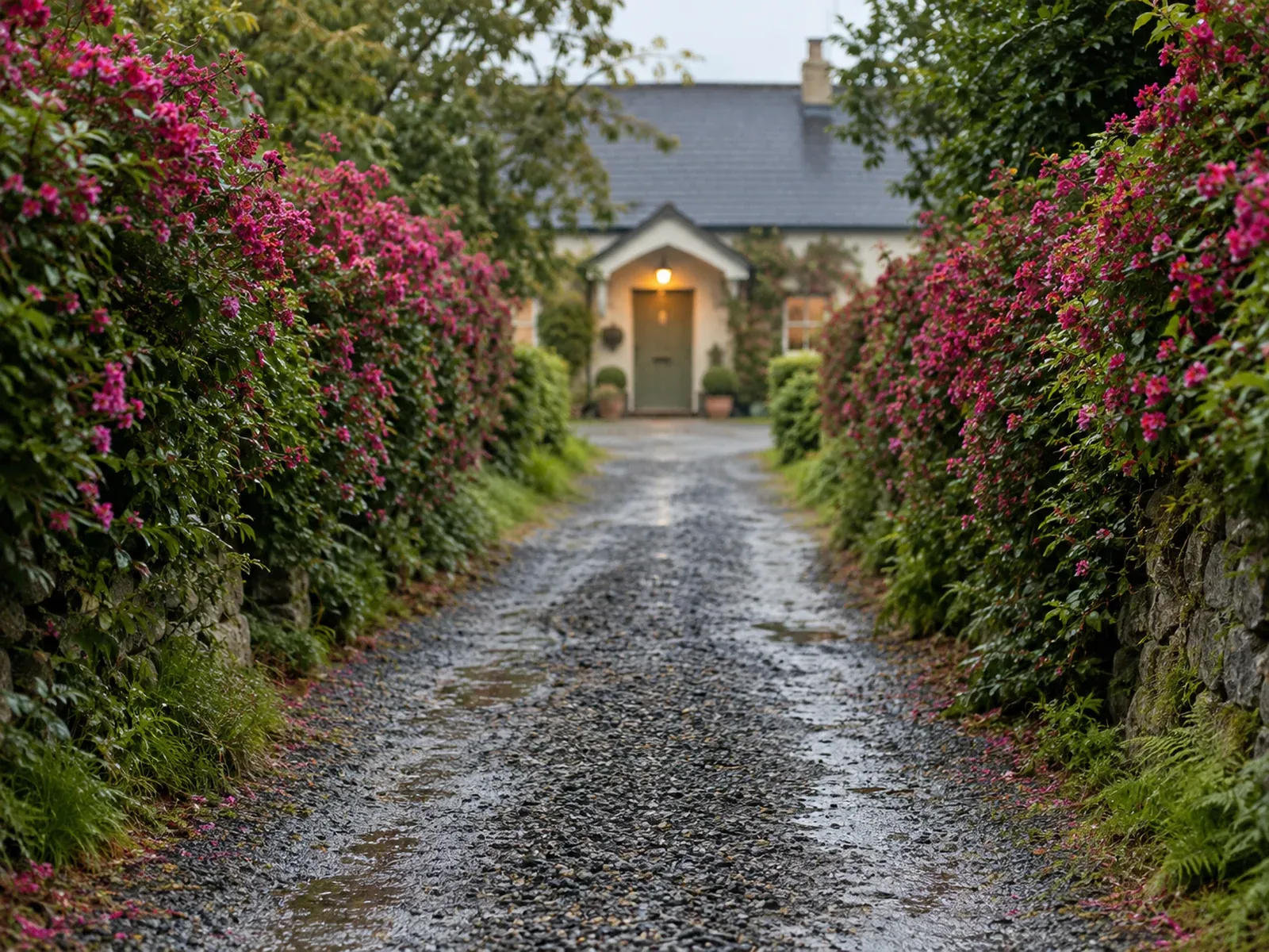 A wet gravel drive between flowering hedges leading to a lit guesthouse porch