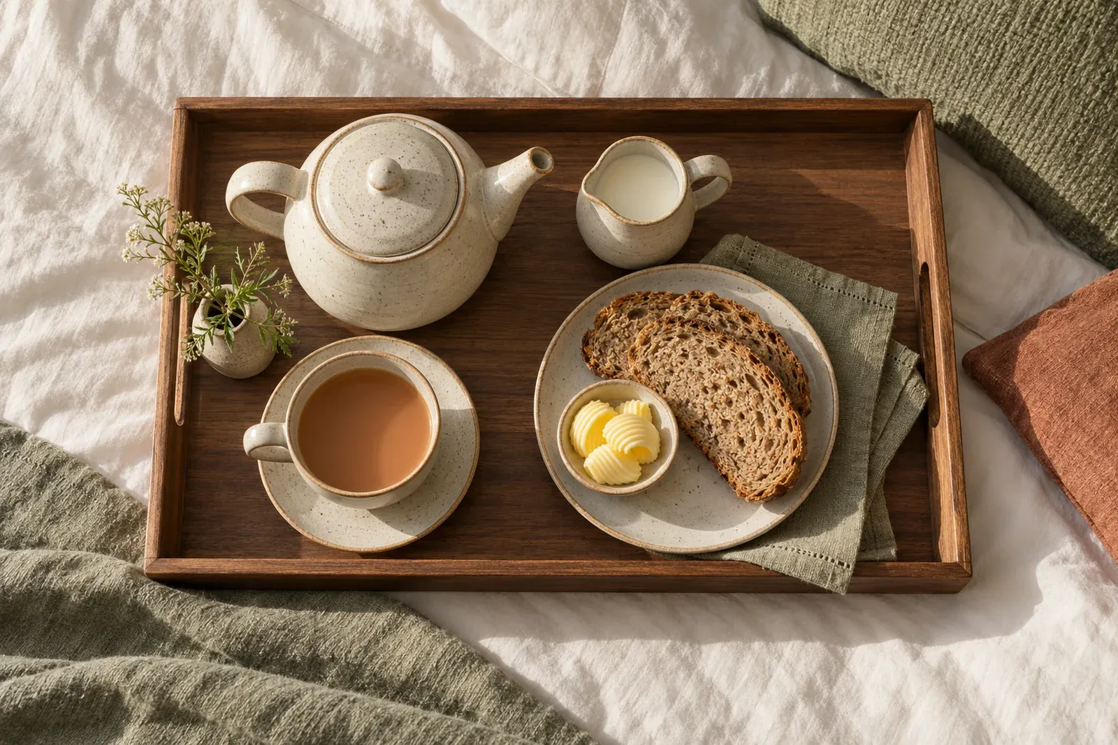 A breakfast tray on a made bed with tea, brown bread and butter