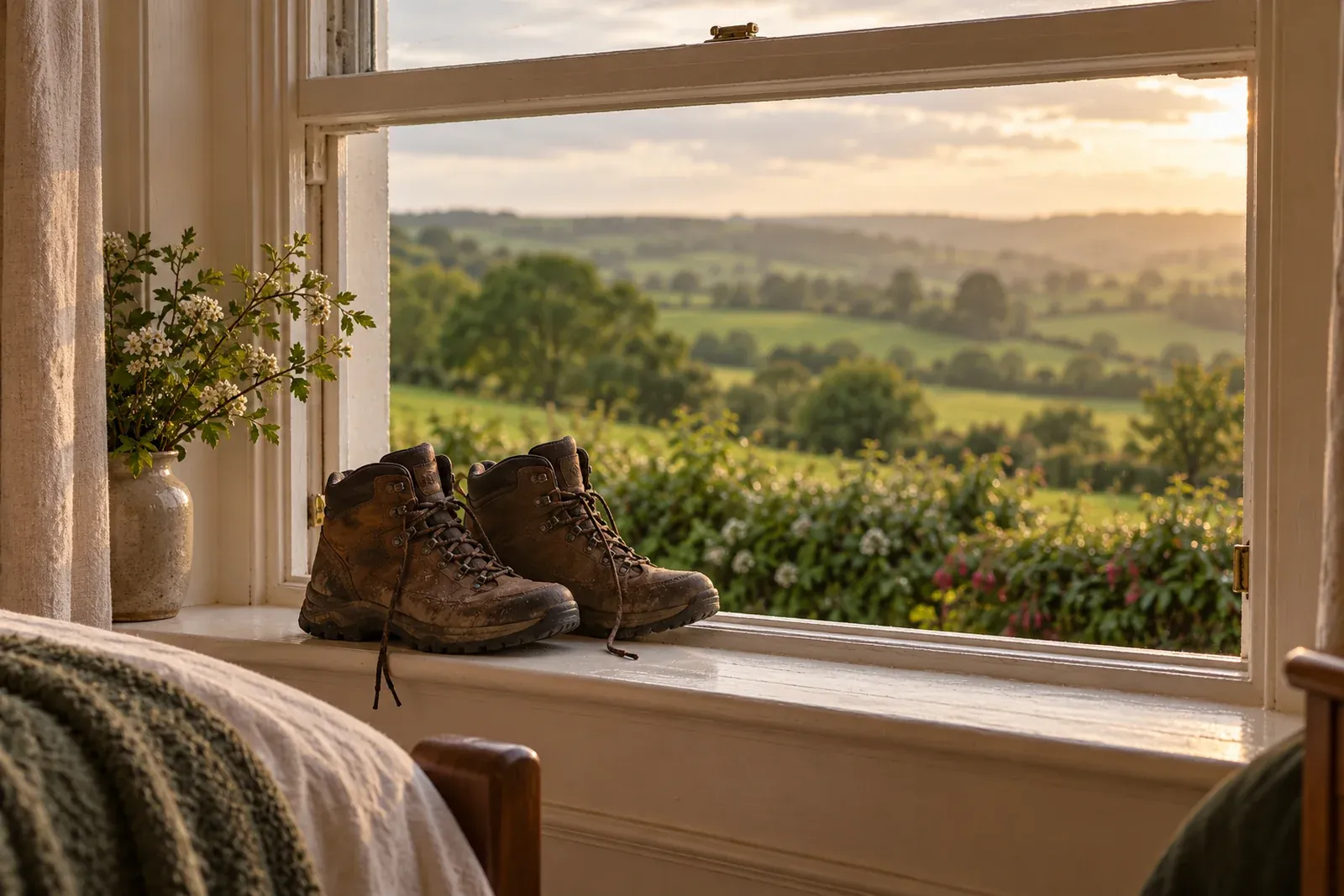 Muddy walking boots on the sill of an open sash window overlooking green fields