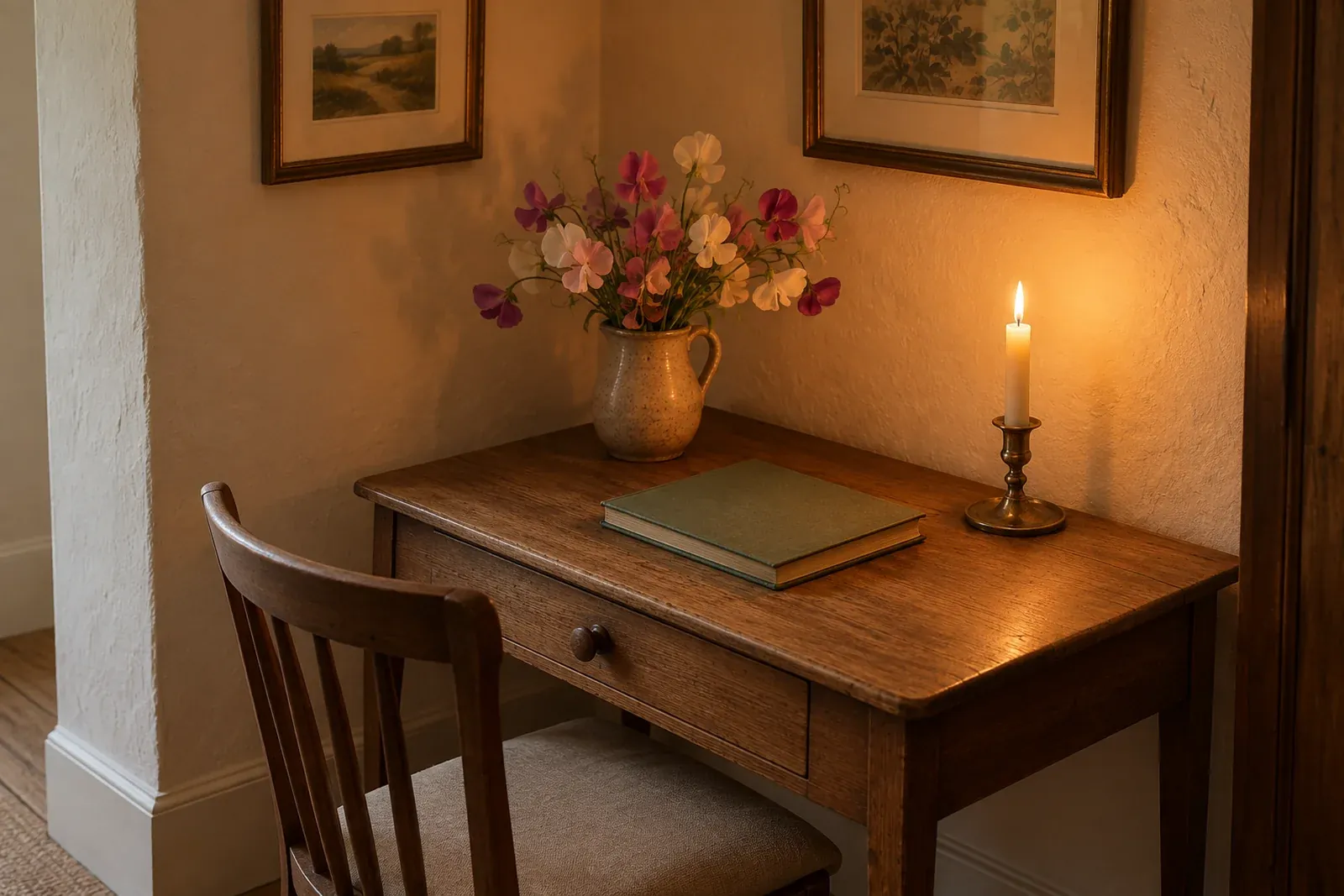 A candlelit hall desk with a closed guest book and a jug of sweet pea