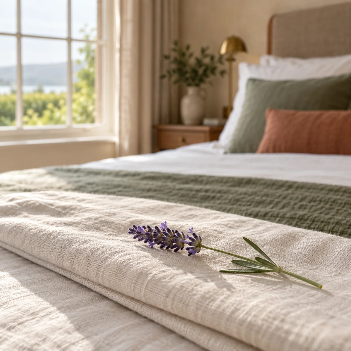 A sprig of lavender on a folded linen throw at the end of a bed