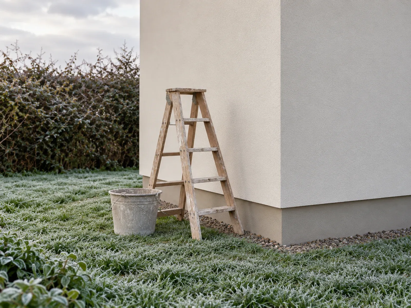 The corner of a house freshly rendered with external insulation on a frosty morning, a stepladder beside it