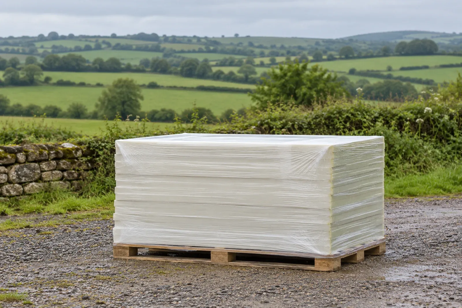 A wrapped pallet of insulation boards at the edge of a farmyard, with fields beyond