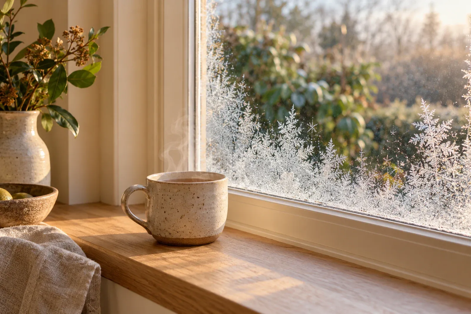A steaming mug on a kitchen windowsill with frost on the glass outside