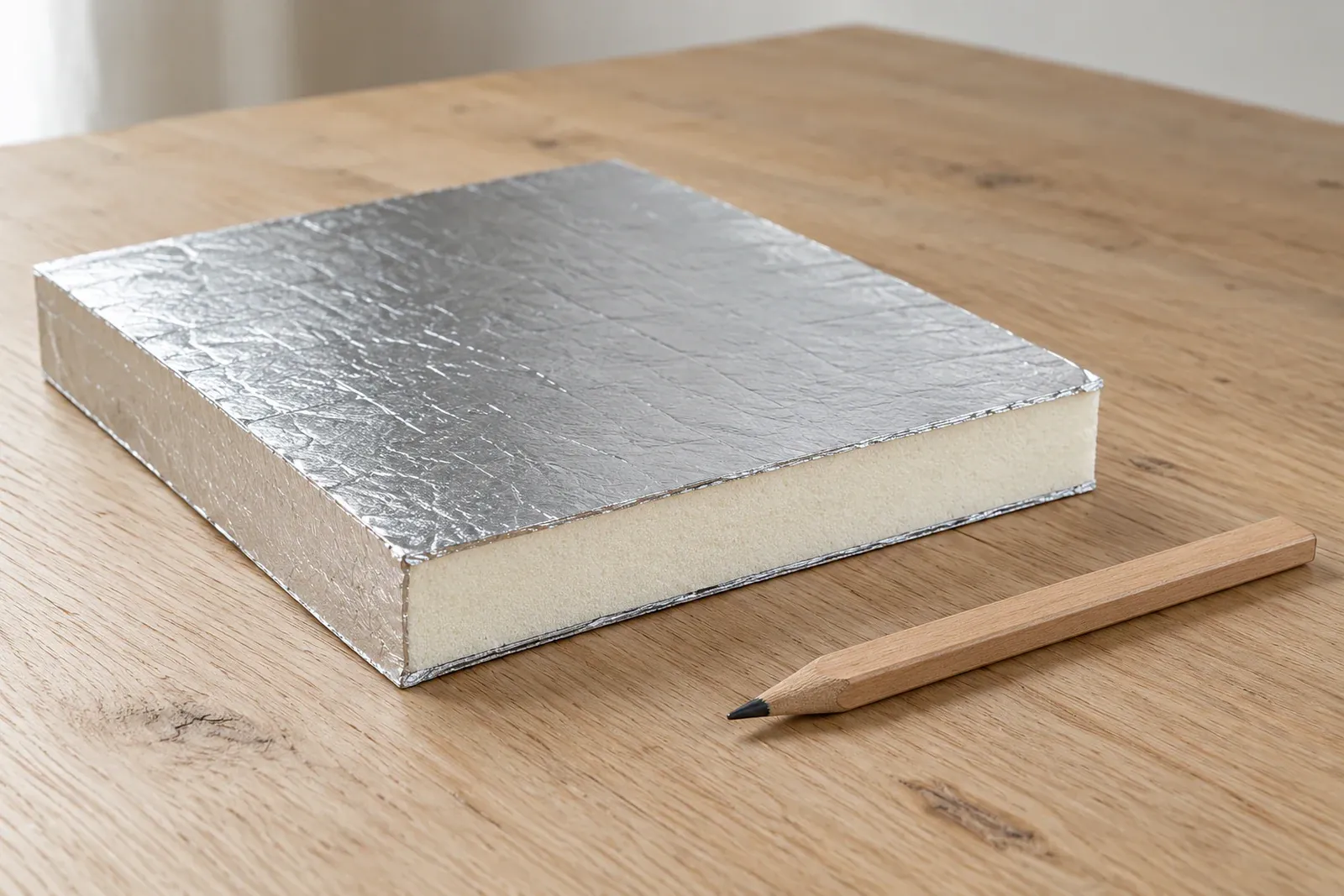 A foil-faced insulation board sample beside a pencil on an oak bench