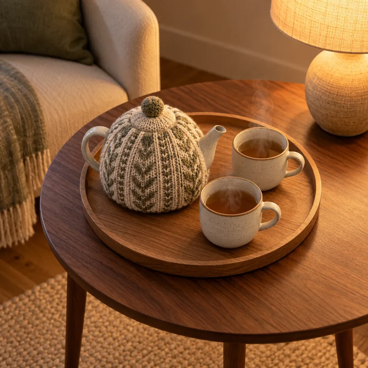 A teapot in a knitted cosy on a tray with two cups, lit by a lamp