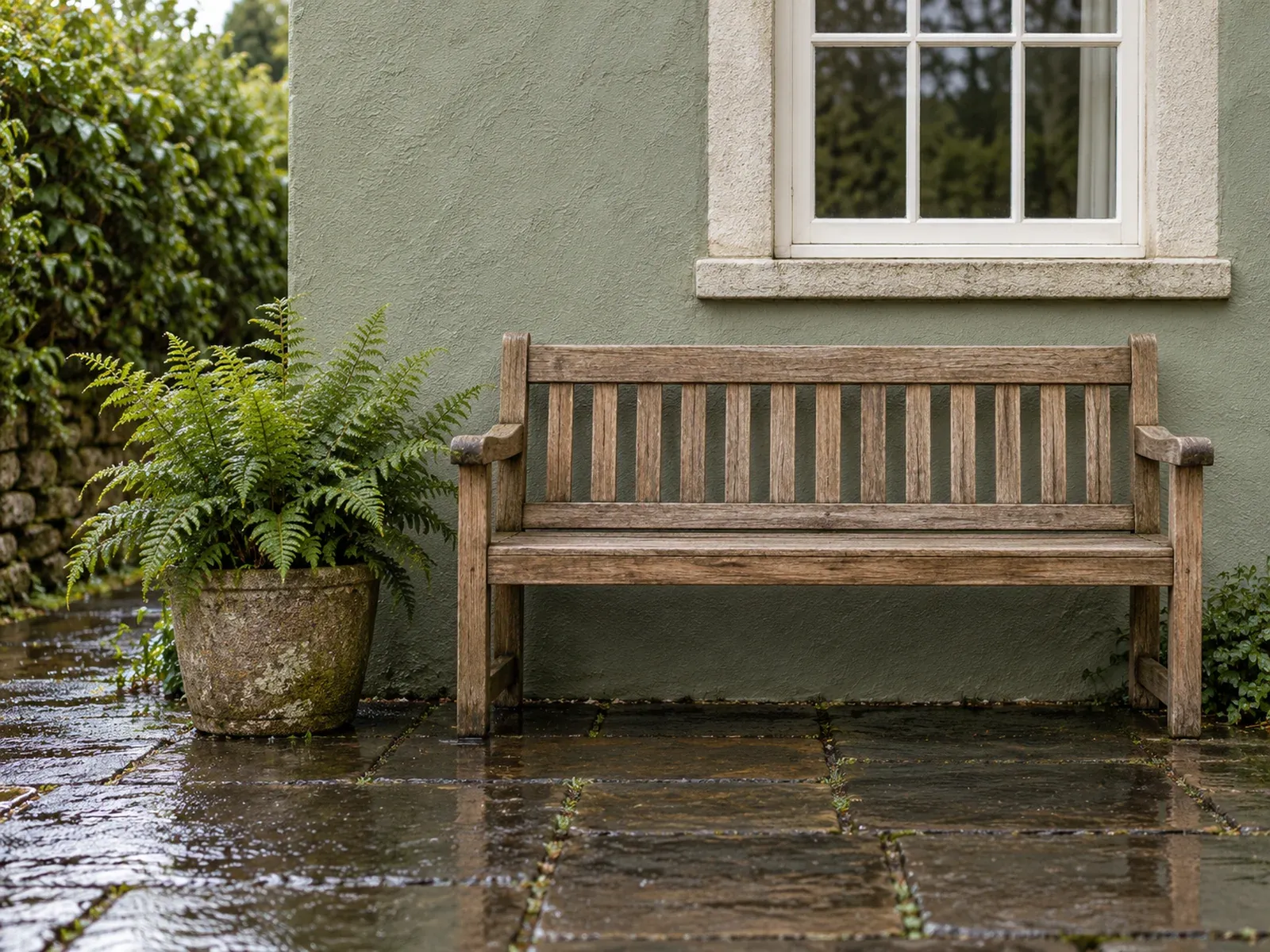A timber bench and a potted fern outside a small office on a wet street