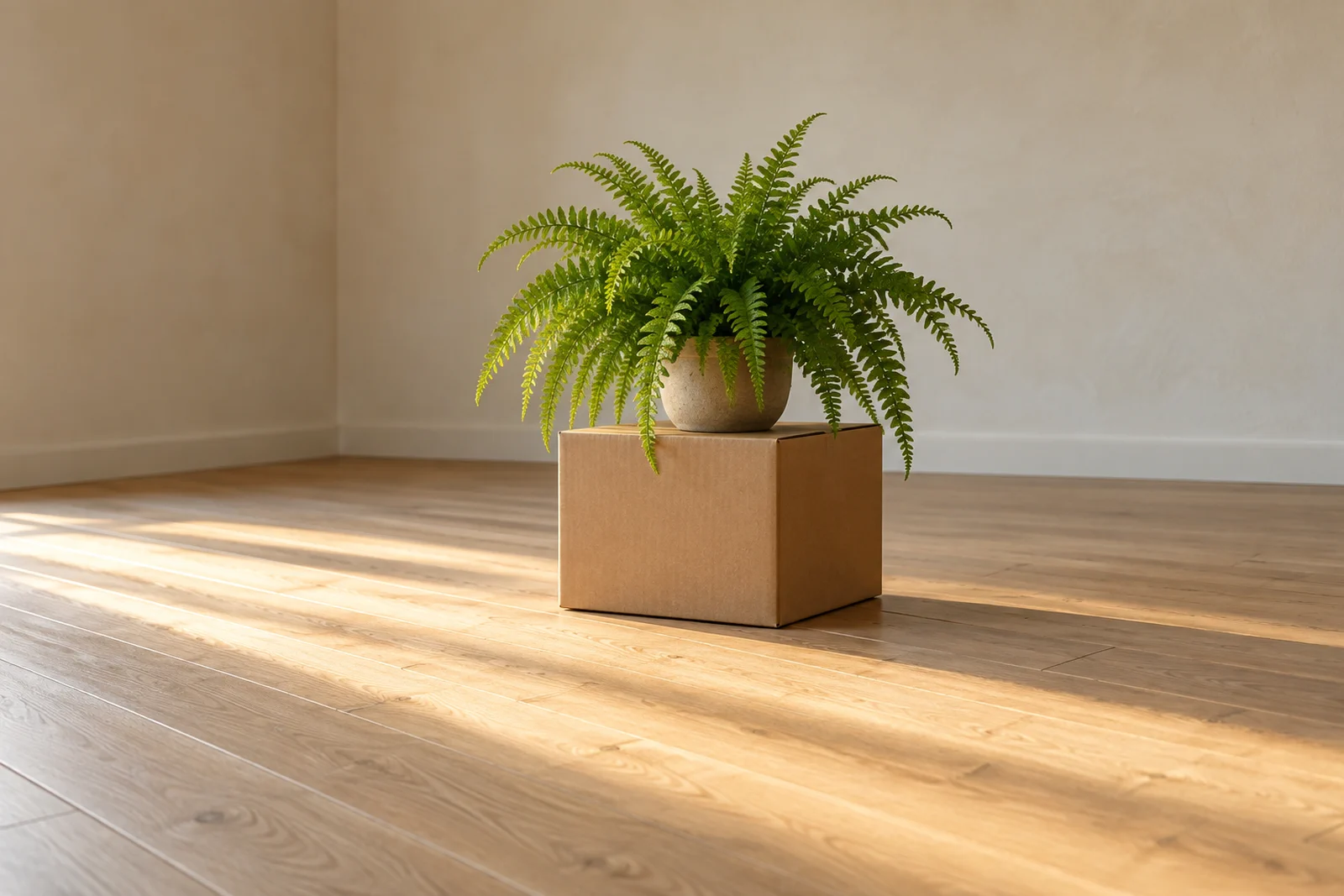 A potted fern on a moving box in an empty room with new floorboards