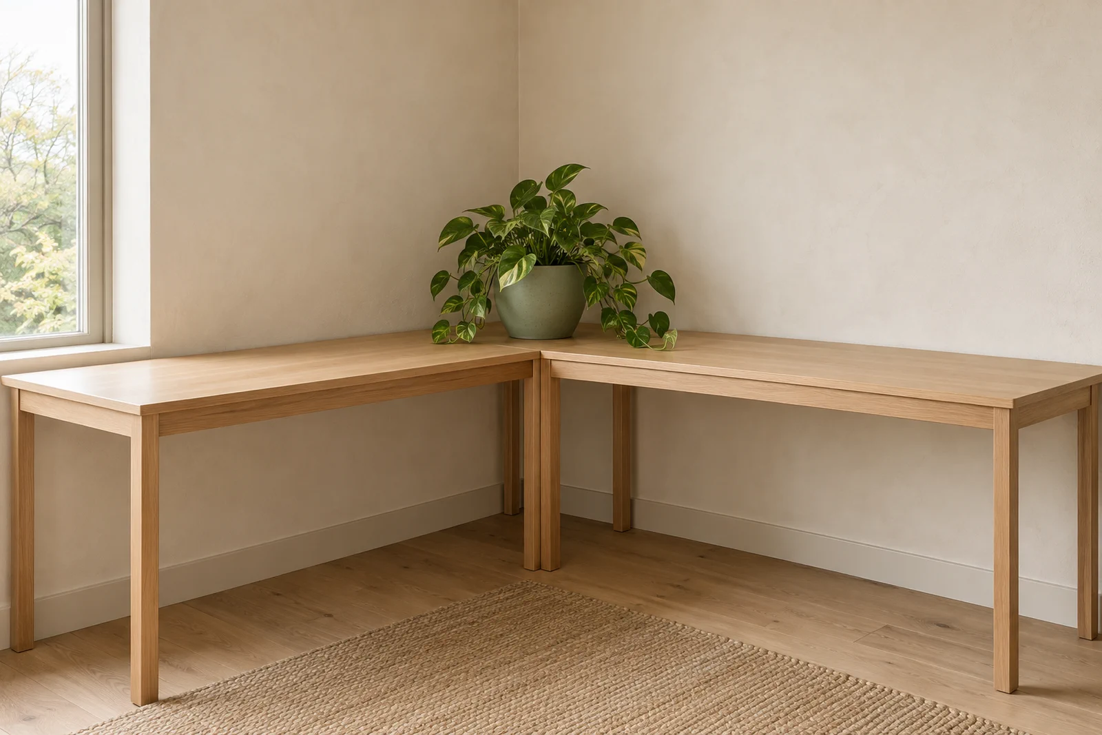 Two oak desks meeting in the corner of a quiet office, with a plant between them