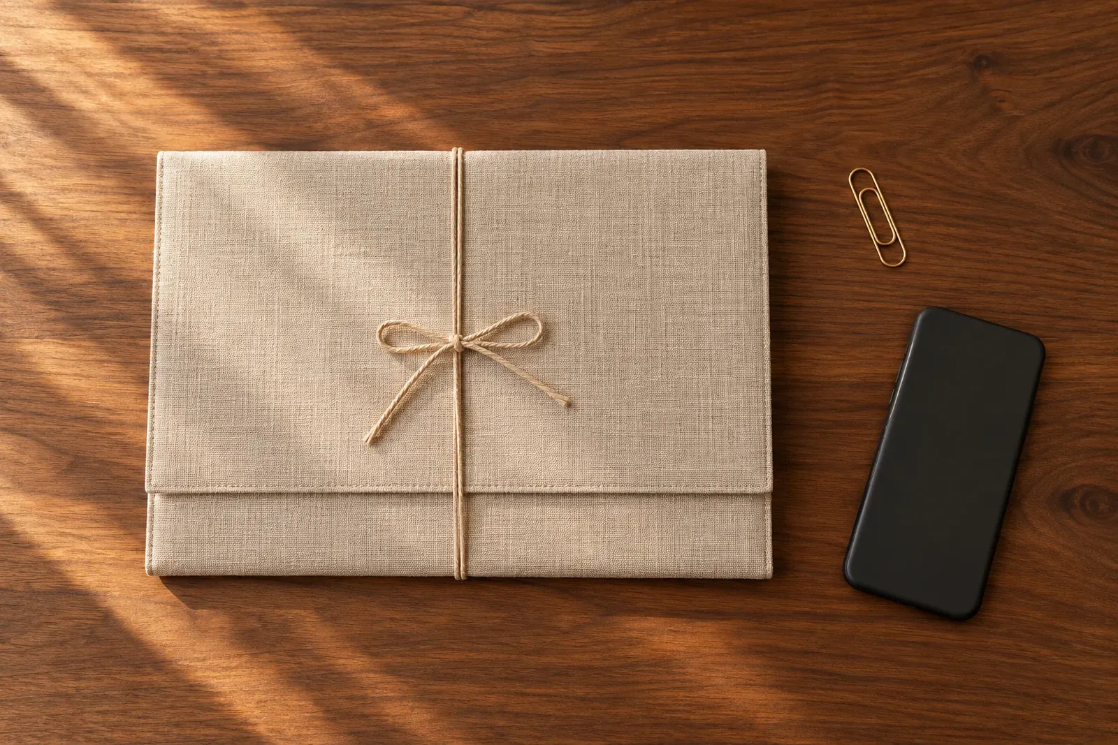 A linen document folder tied with cord beside a paperclip and a phone