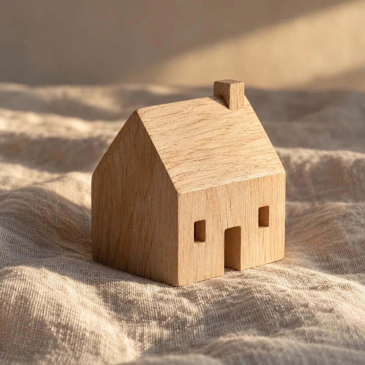 A small hand-made timber model house on a linen cloth