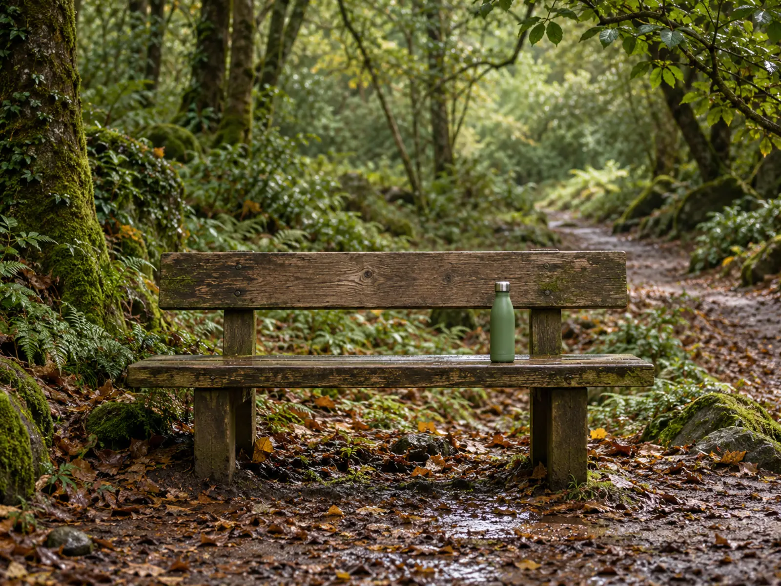 A timber bench with a water bottle on a woodland running path strewn with wet leaves