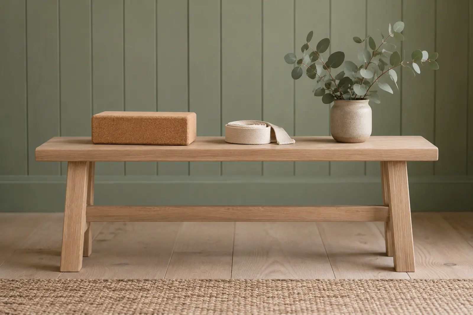 A cork yoga block, a strap and eucalyptus on a pale timber bench