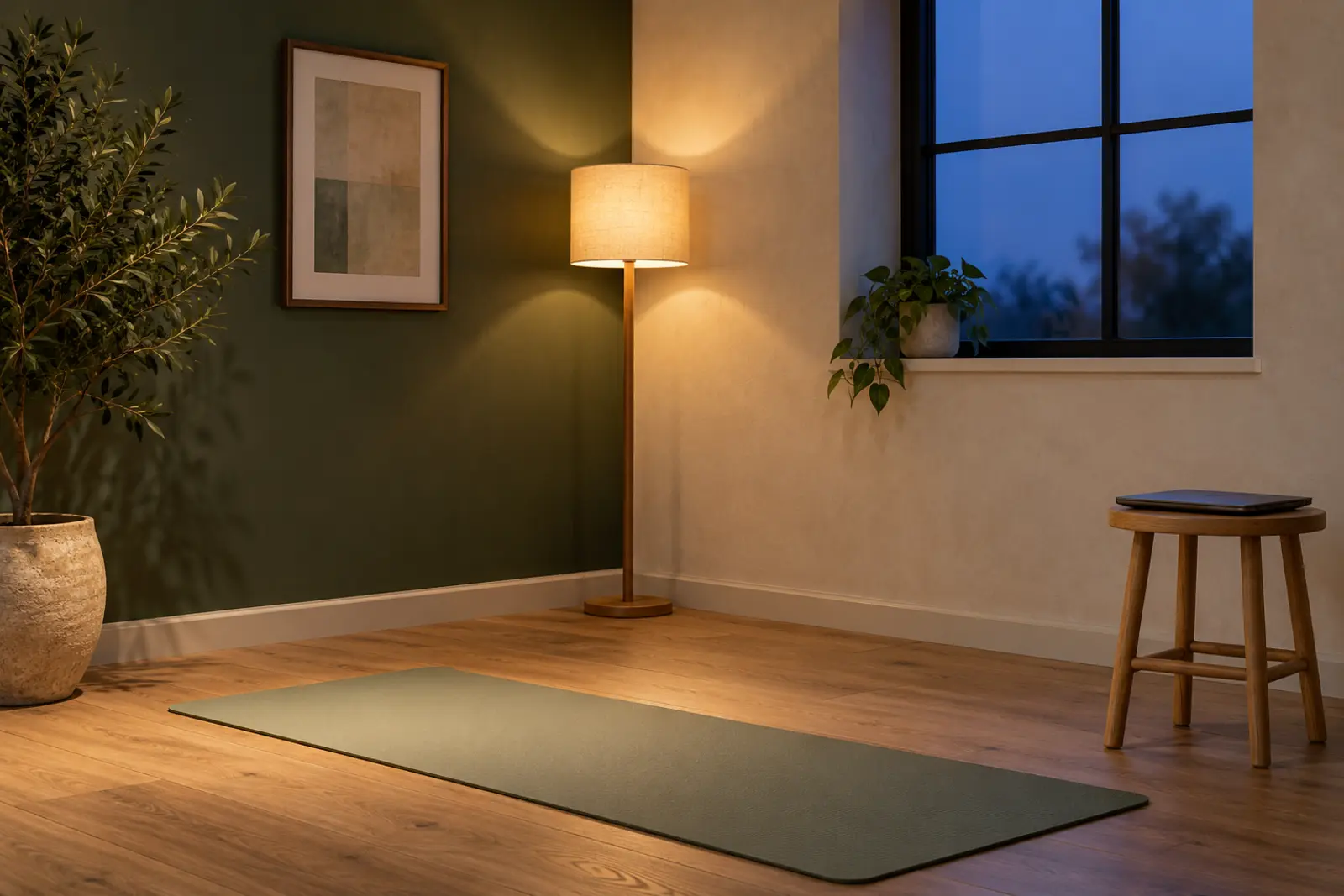 A home training corner at dusk with a mat, a lamp and a closed laptop on a stool