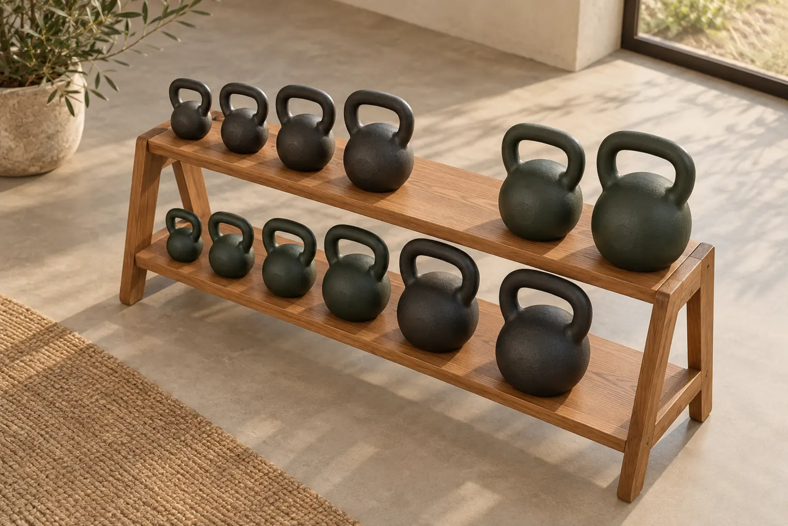 A timber rack of kettlebells in graded sizes