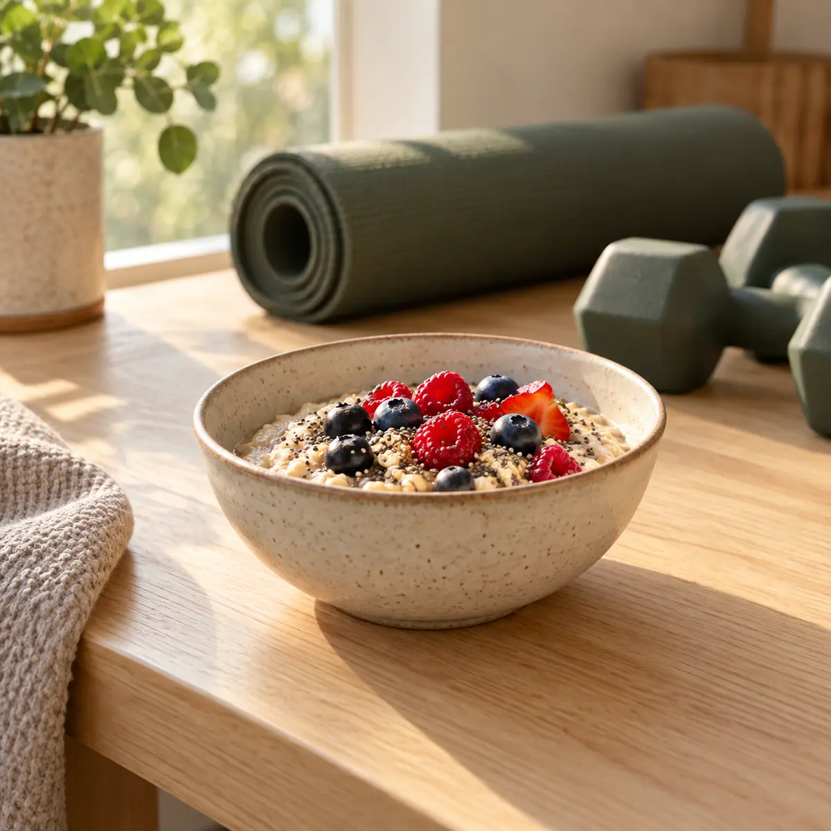 A bowl of porridge with berries on a studio bench, with a mat and dumbbells behind