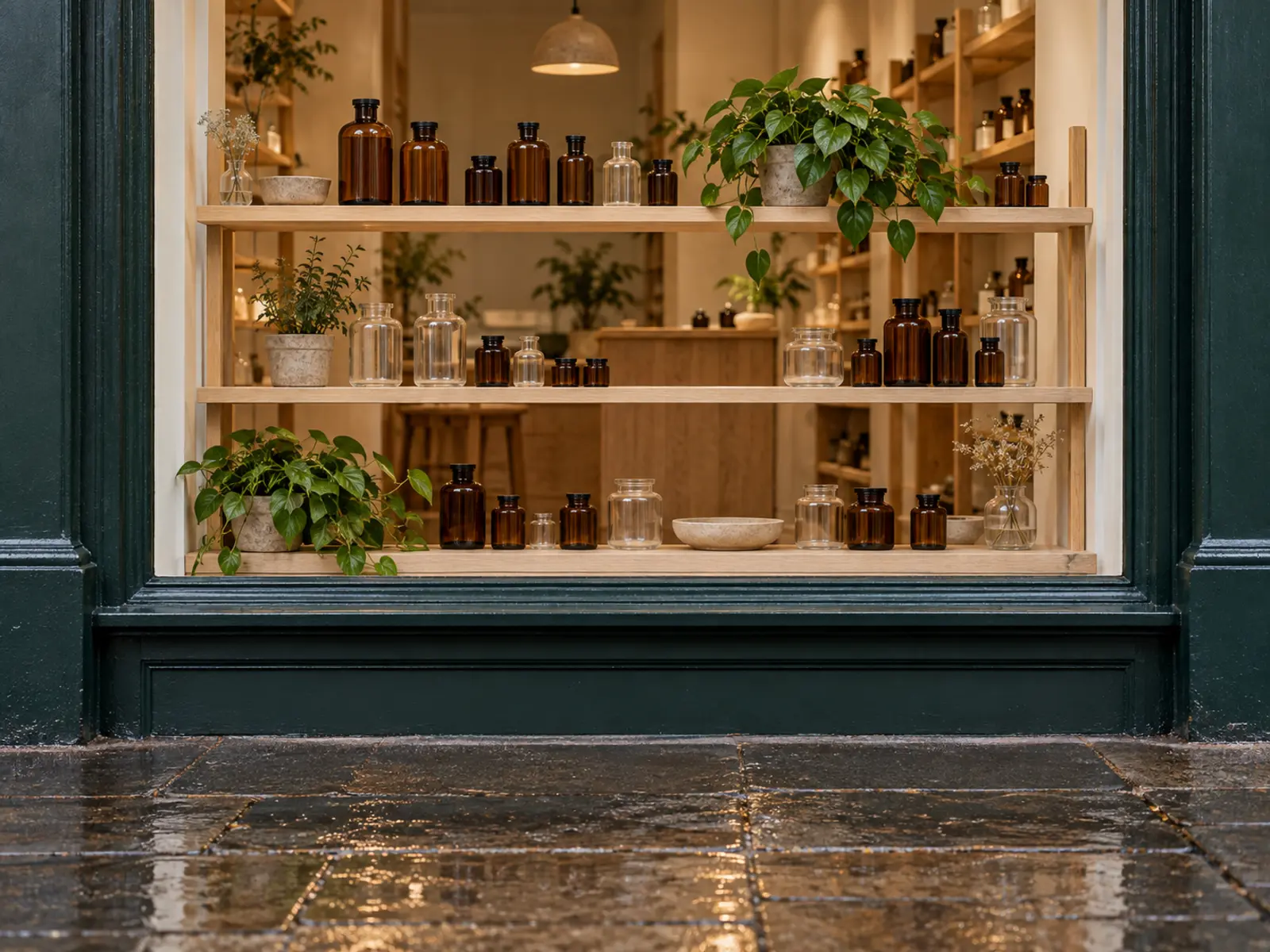 A pharmacy window of amber bottles and plants above a wet pavement