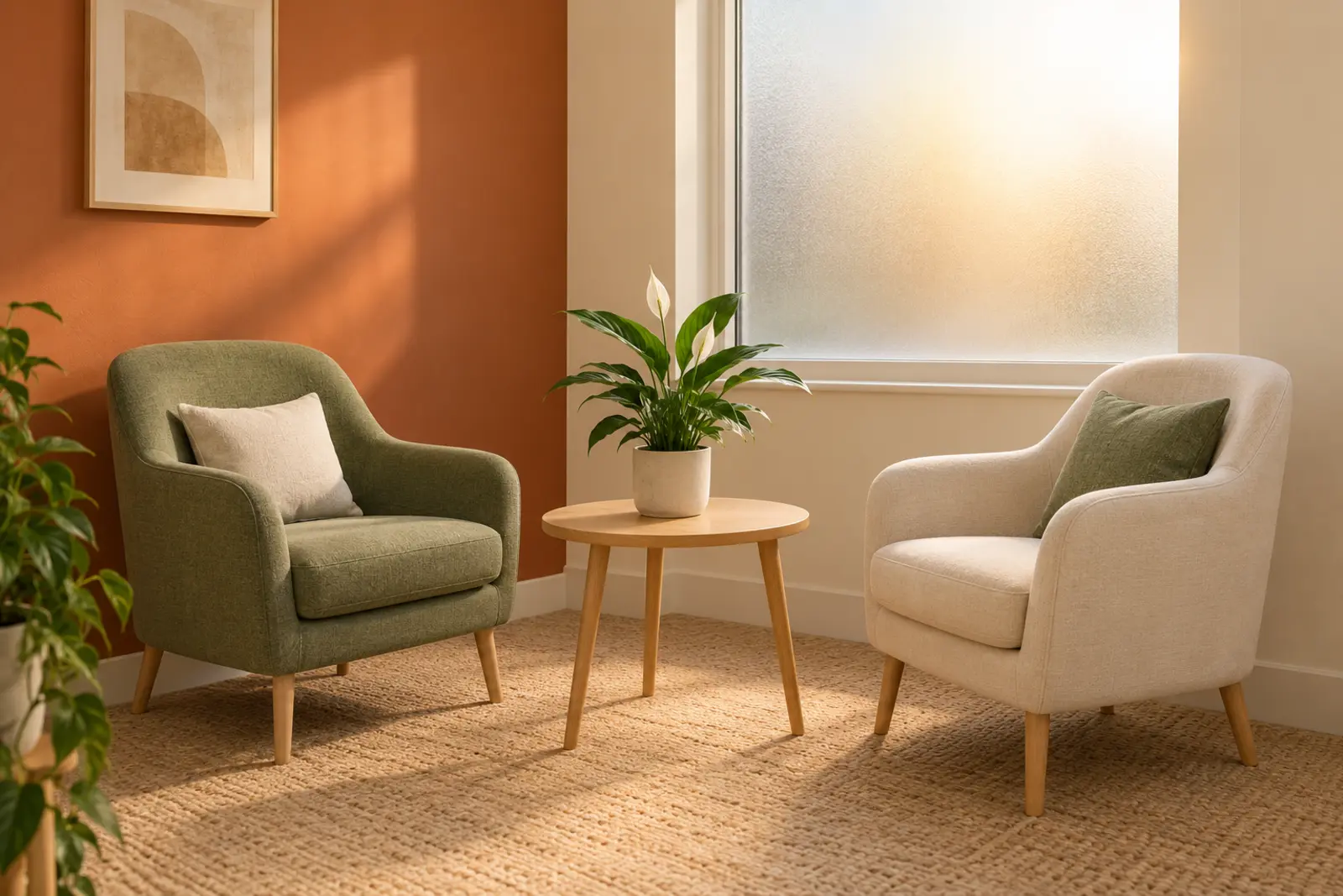 A quiet consultation corner with two armchairs, a small table and a peace lily