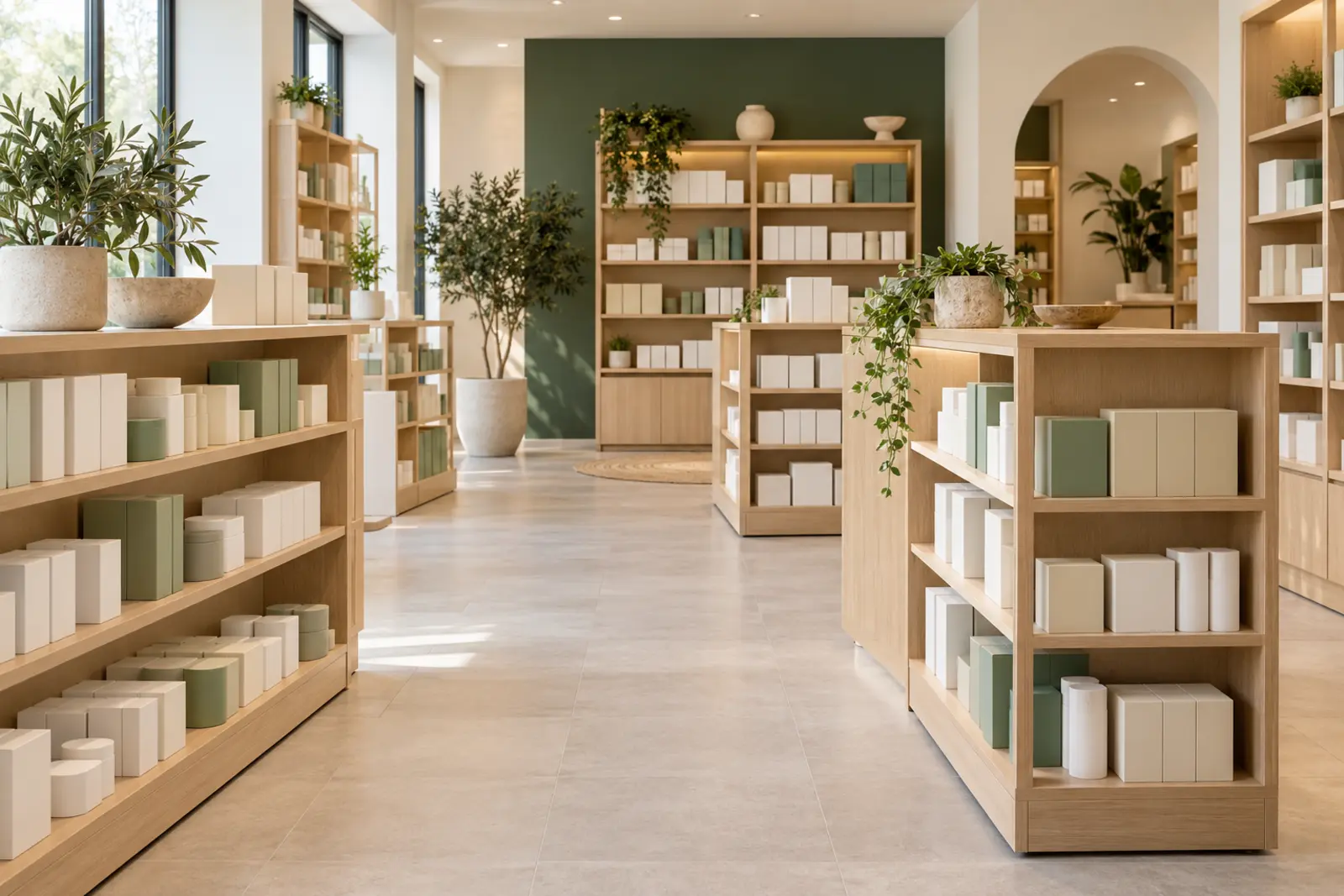 A bright pharmacy floor with low timber shelving