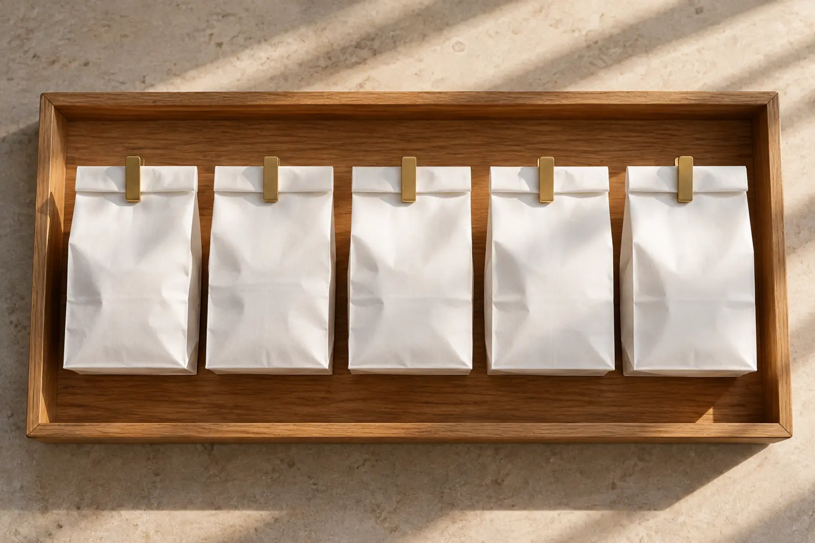 Folded white prescription bags clipped shut in a timber tray