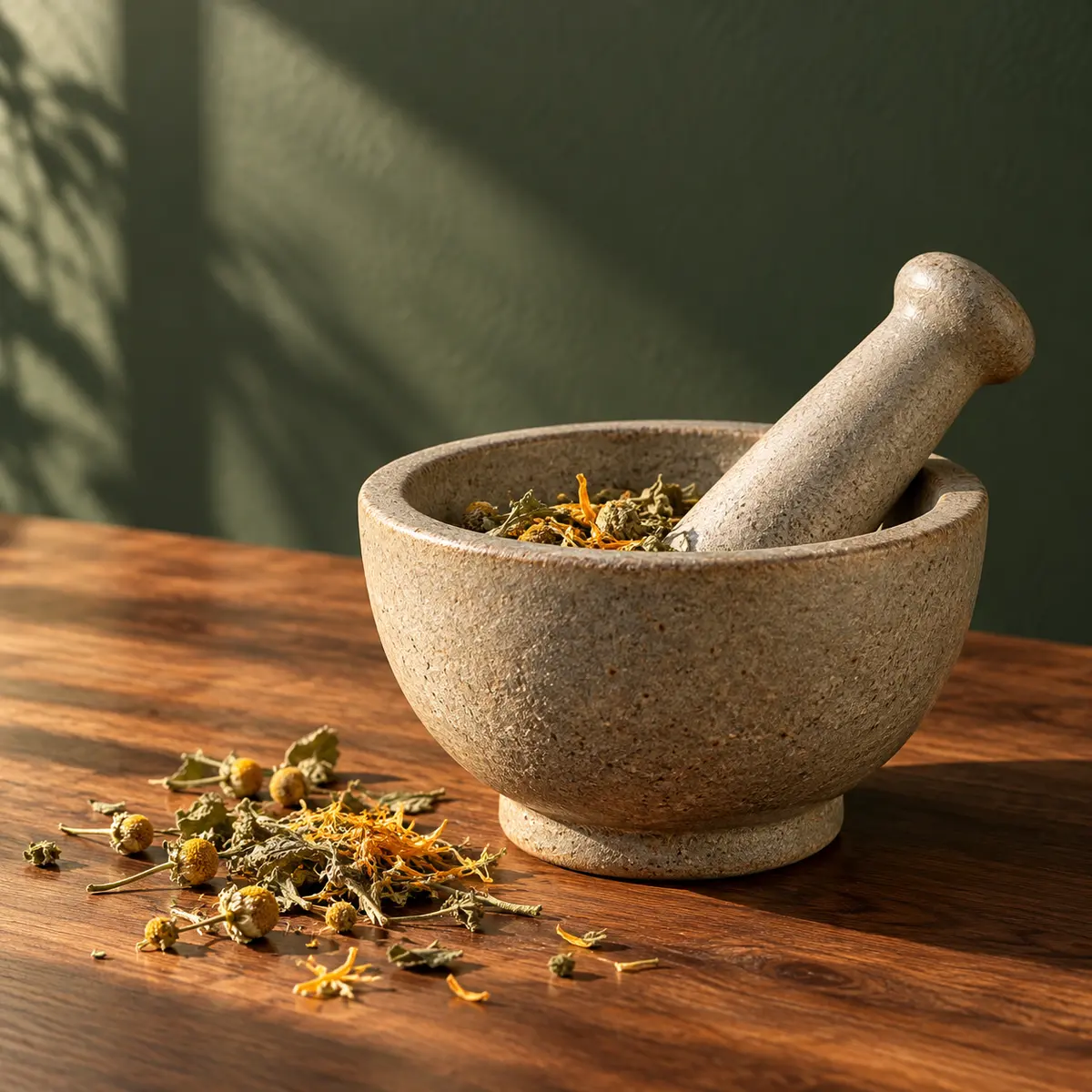 A stoneware mortar and pestle with dried herbs on a wooden counter