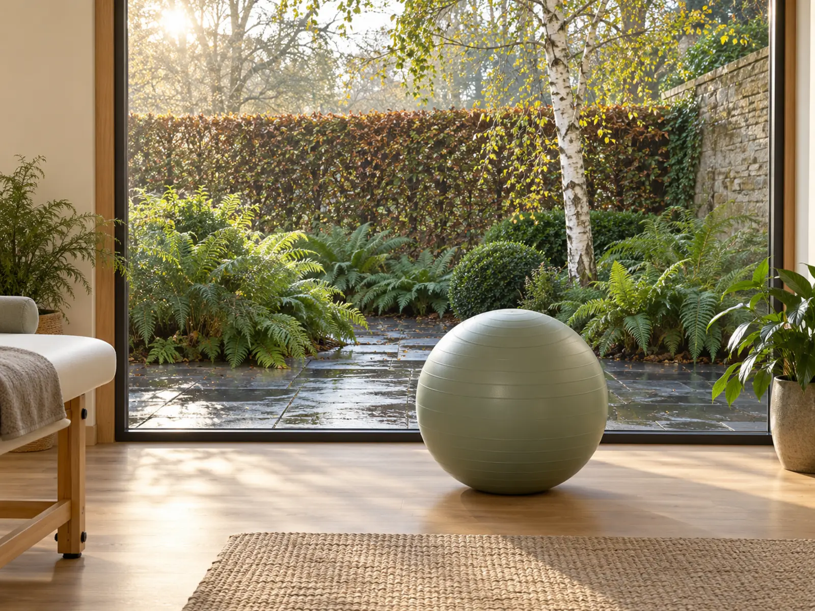 An exercise ball by a clinic window overlooking a small walled garden