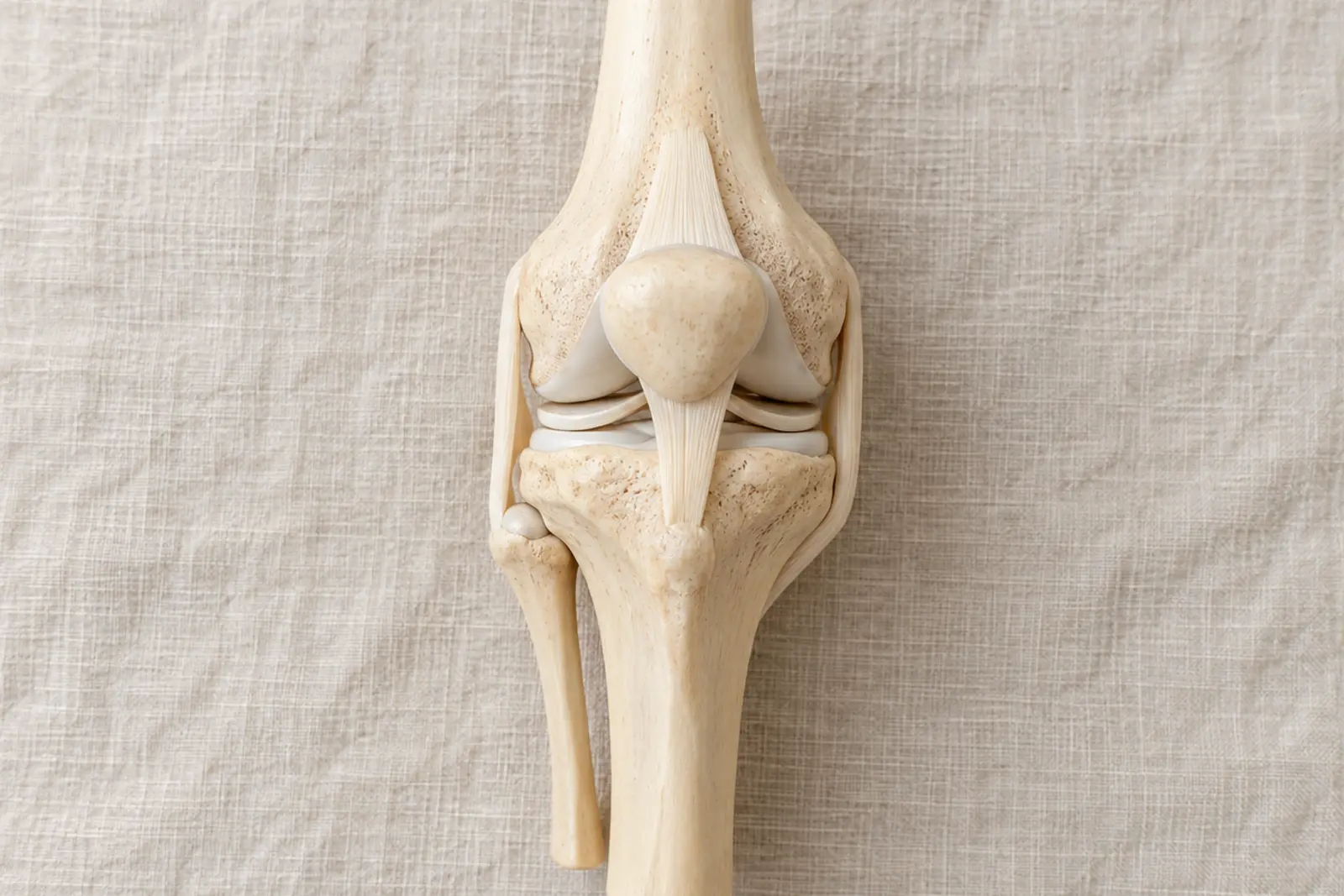 An anatomical knee model on a linen cloth