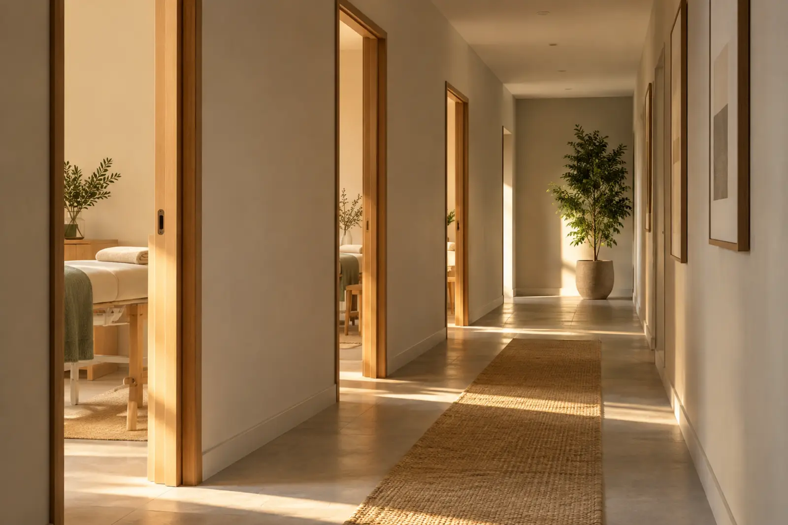 A clinic corridor with three treatment room doors ajar