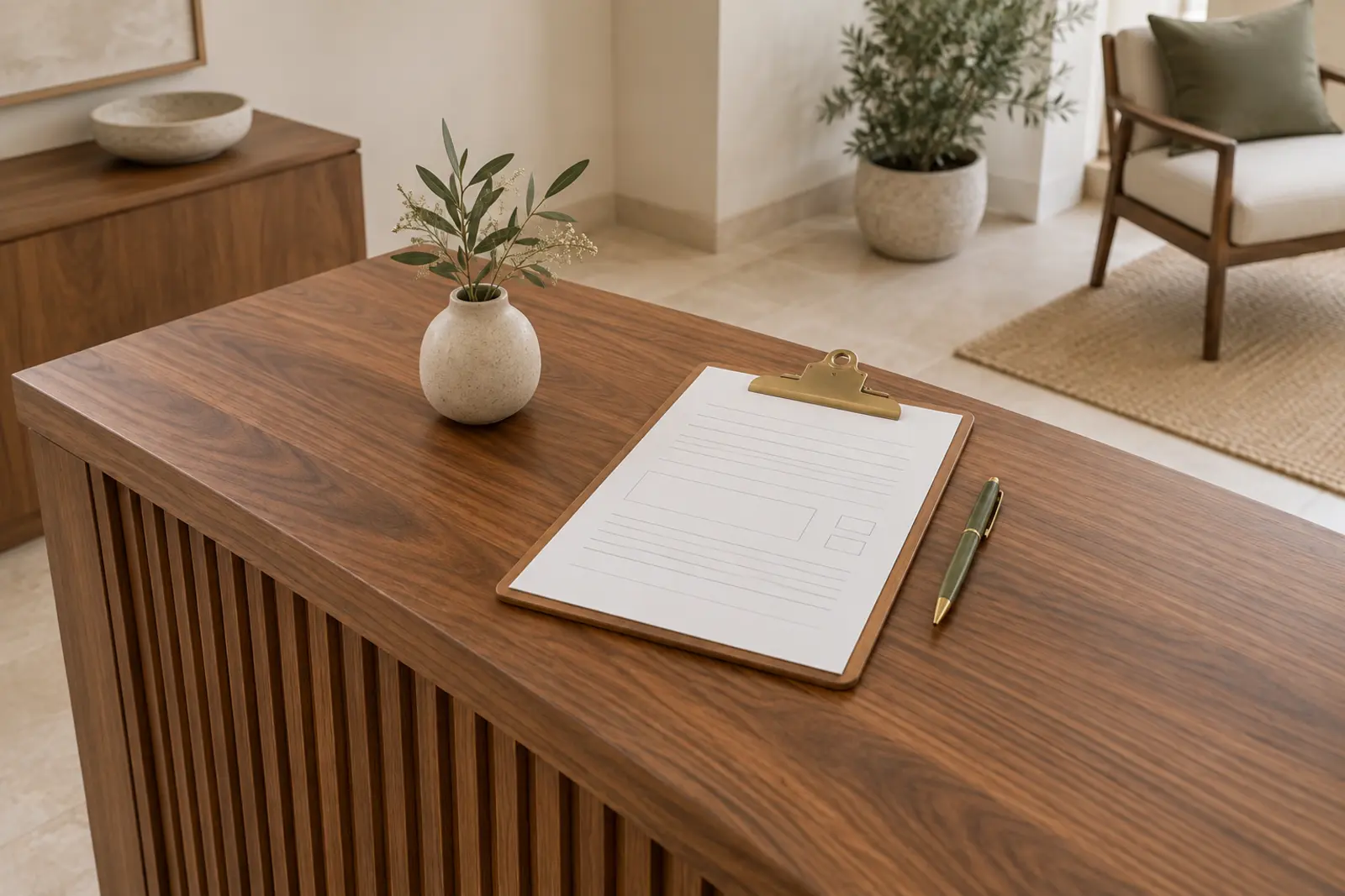 A clipboard with a blank intake form and a pen on a walnut reception desk