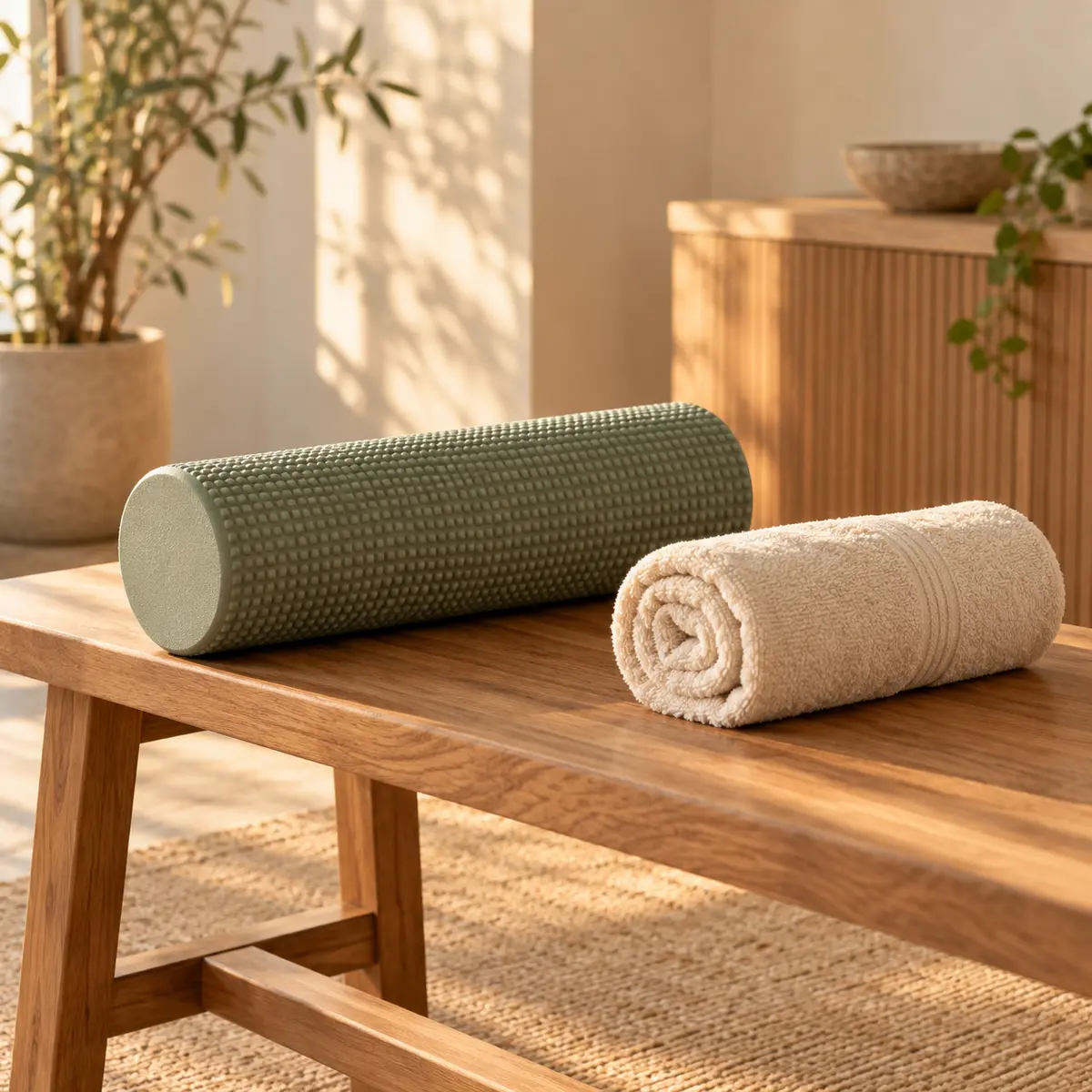 A foam roller and a rolled towel on a timber bench
