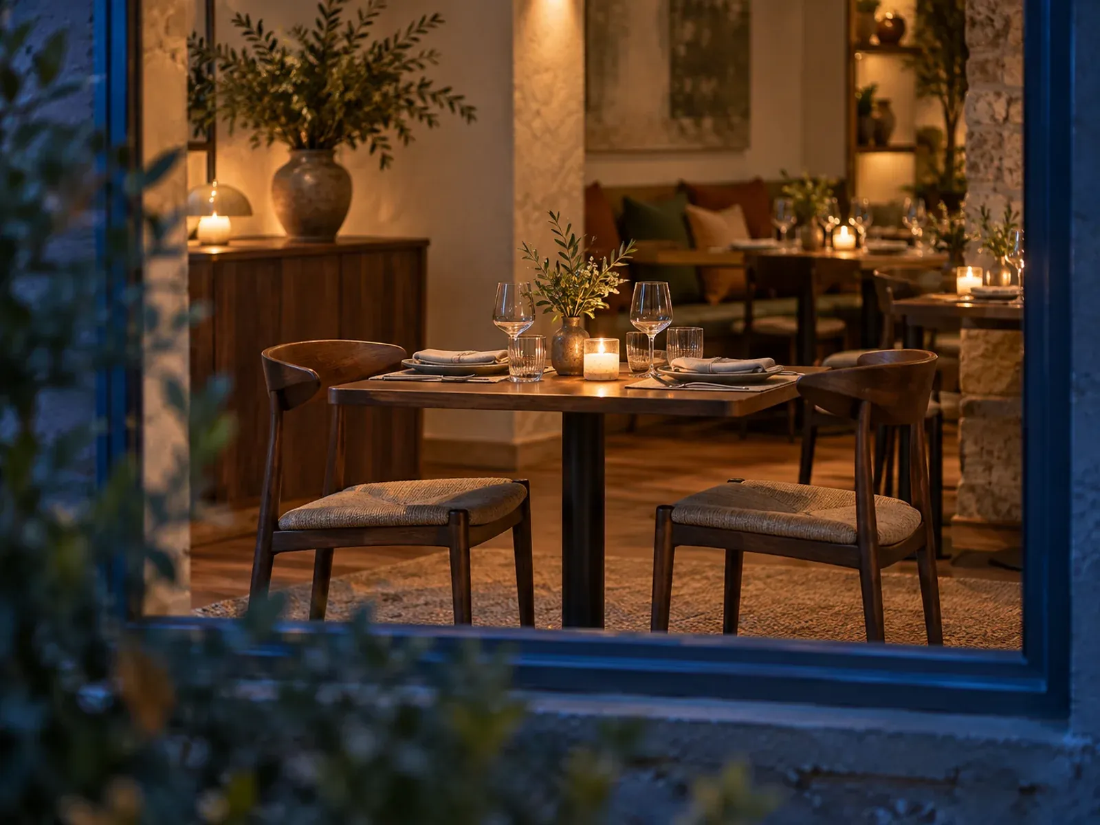A candlelit table for two seen through a restaurant window at dusk