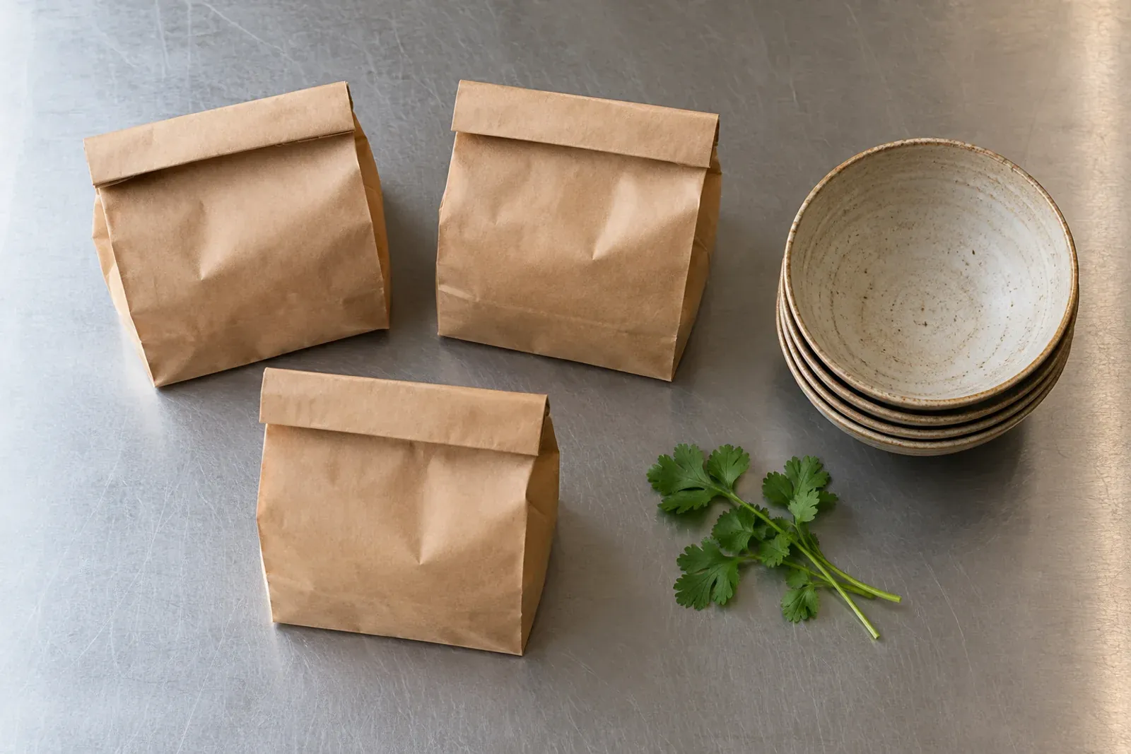 Kraft takeaway bags, stoneware bowls and coriander on a steel kitchen pass