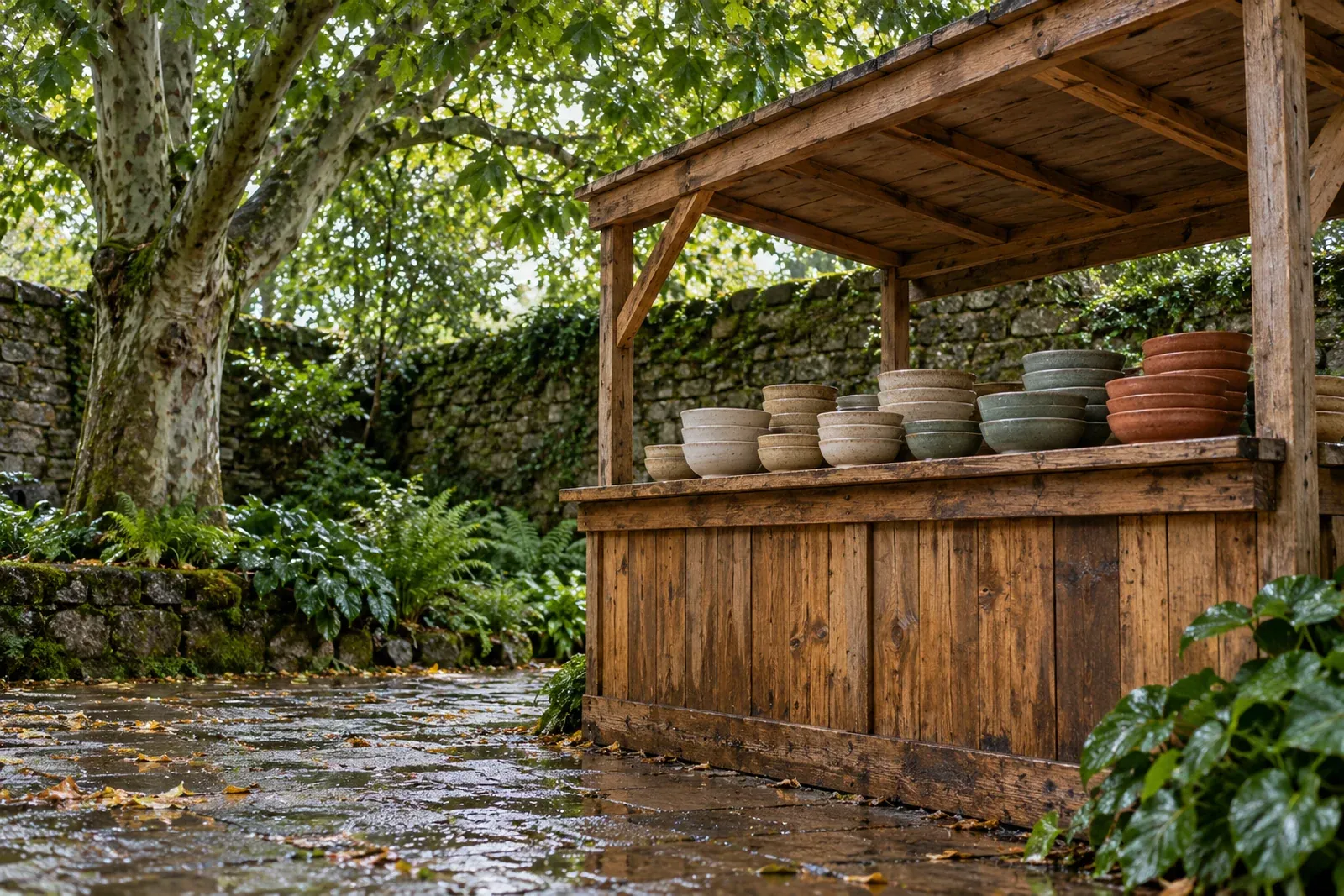 A timber pop-up food stall under a sycamore in a walled yard