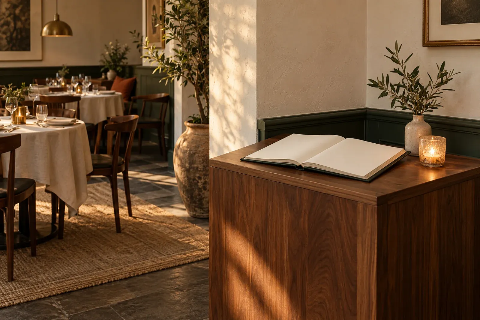 An open reservation book beside a candle on a walnut host stand