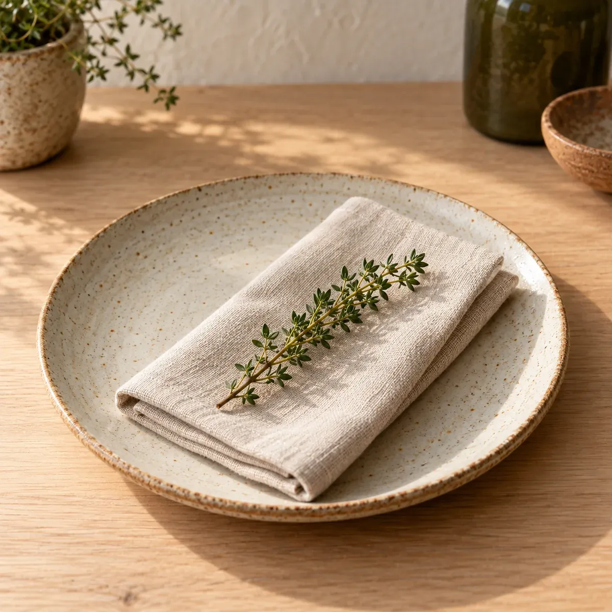 A folded linen napkin with a sprig of thyme on a stoneware plate