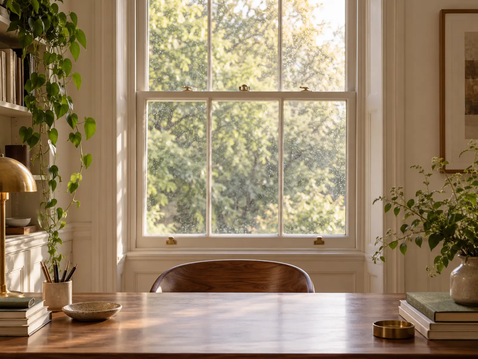 A desk by a tall sash window looking out onto trees