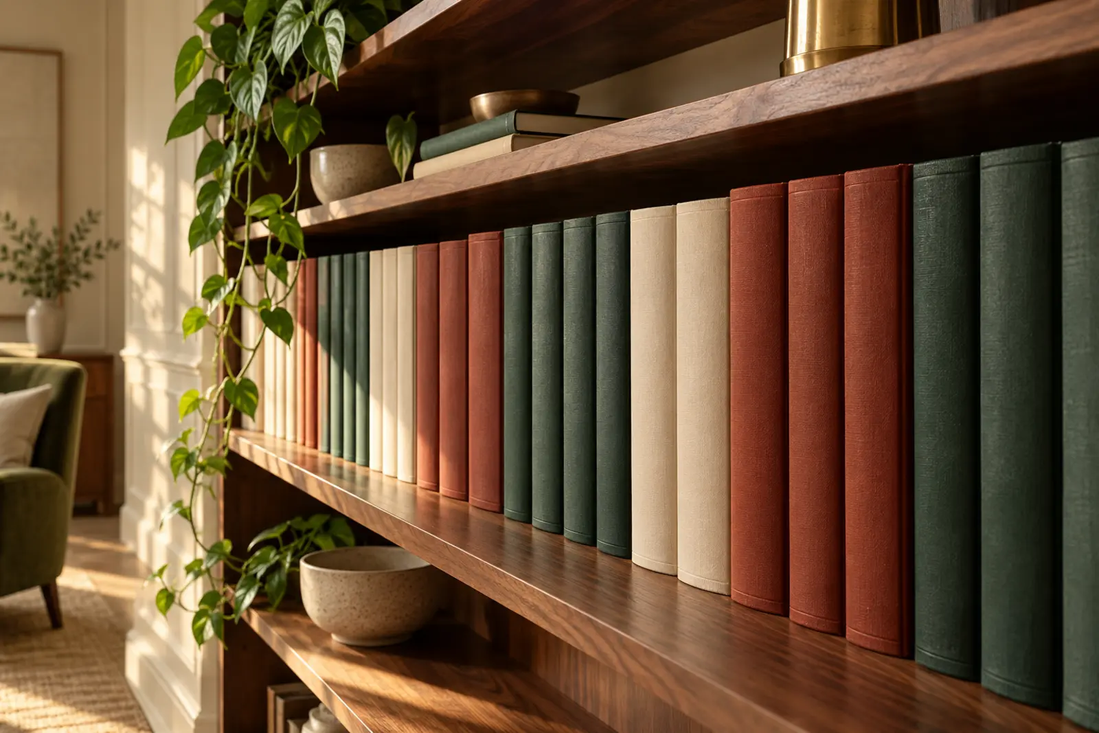 A walnut shelf of clothbound law books in muted colours