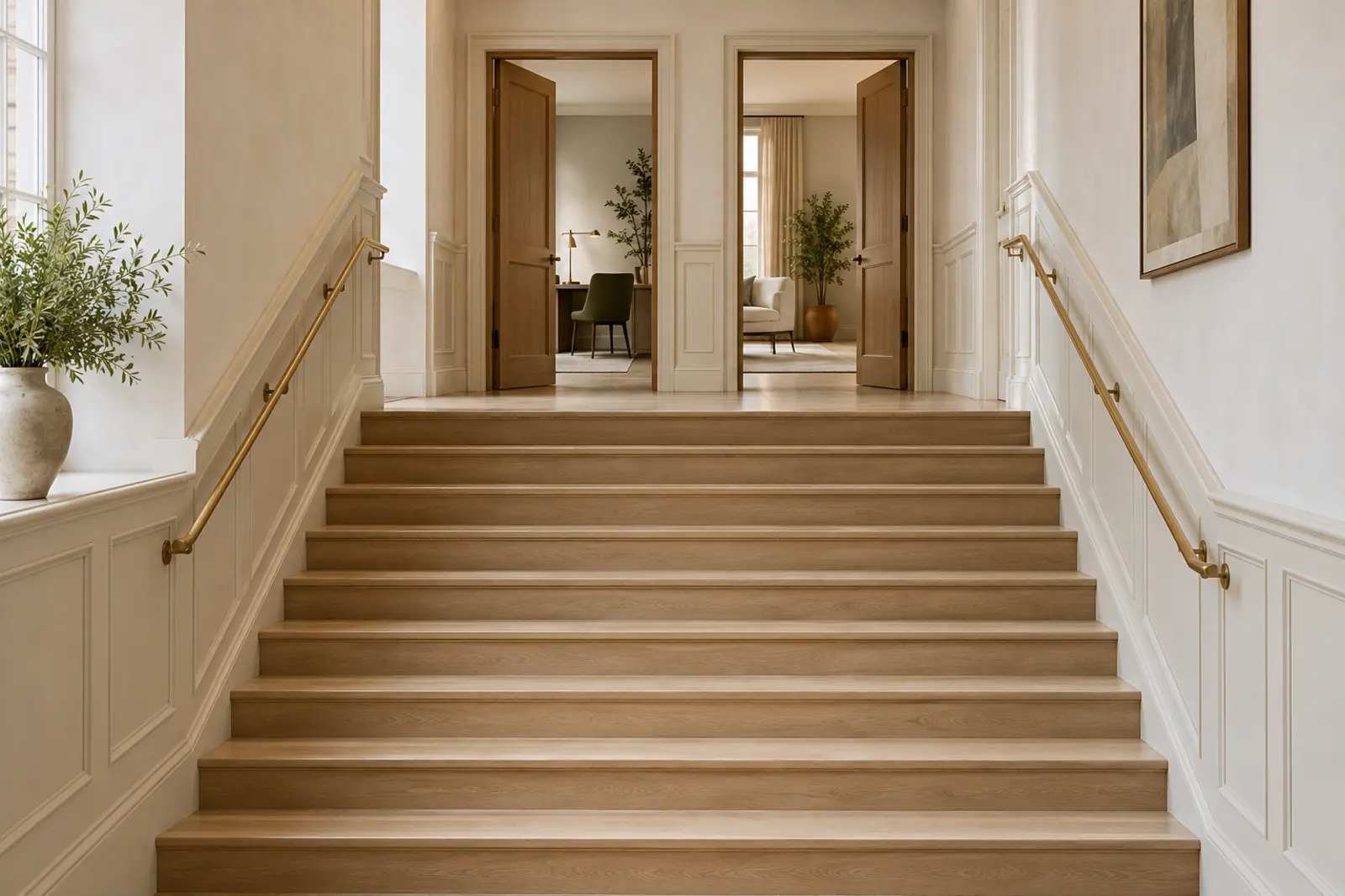 A wide staircase with a brass handrail rising to two open office doors