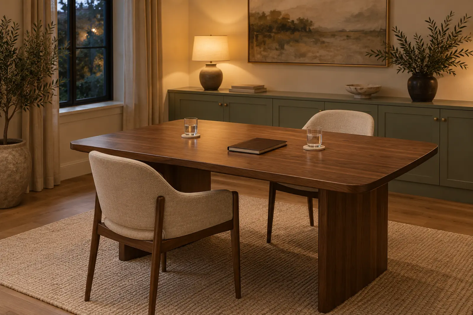A meeting table with two chairs, two glasses of water and a closed notebook