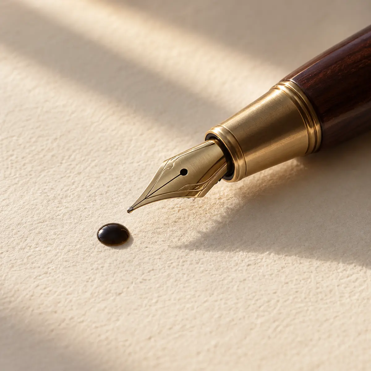 The nib of a fountain pen beside a drop of ink on cream paper