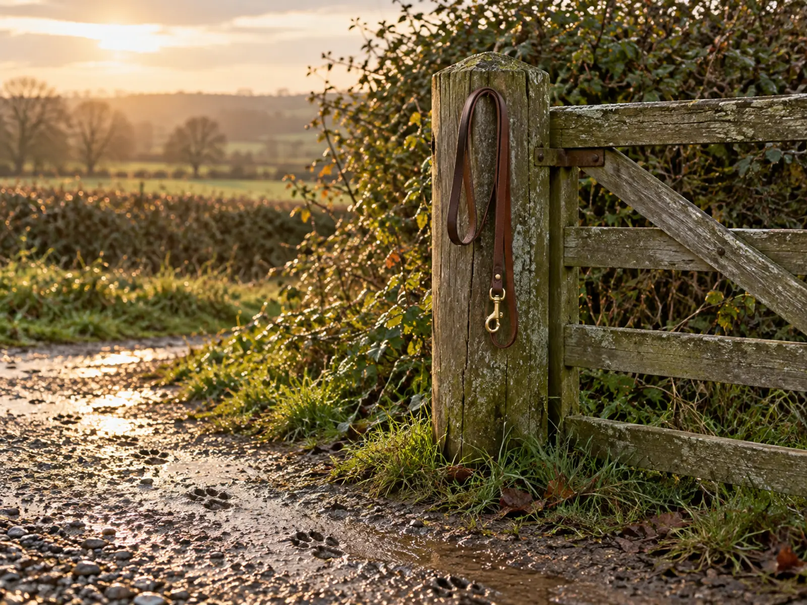 A leather dog lead looped over a gatepost on a country path