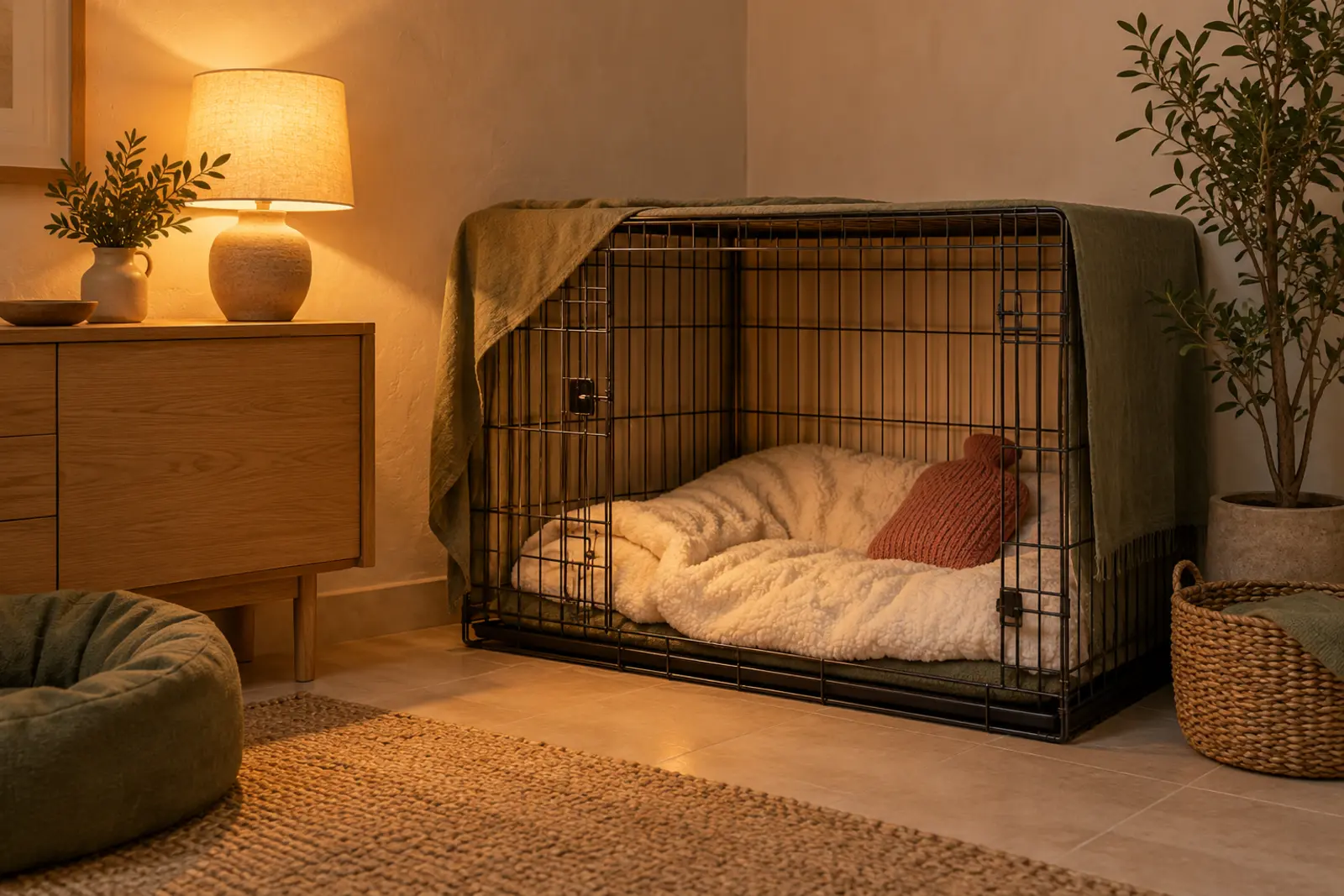 A dog crate made up with a blanket and a hot water bottle in lamplight