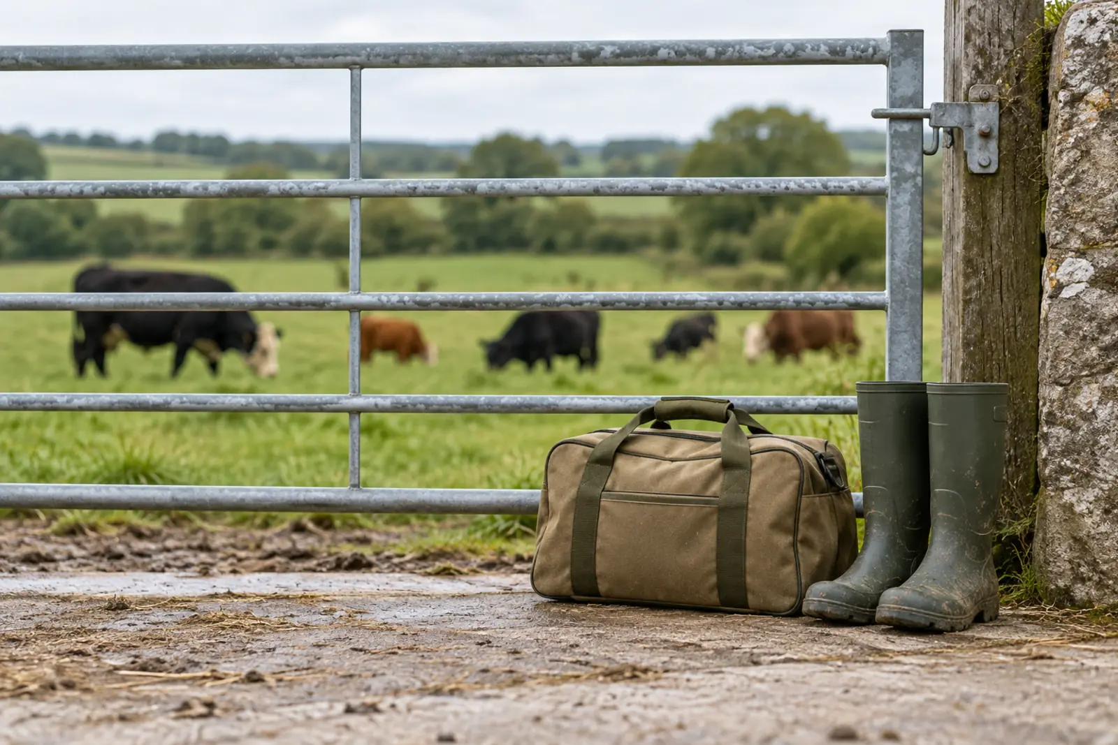 A vet's kit bag and wellies by a galvanised gate, with cattle in the field beyond