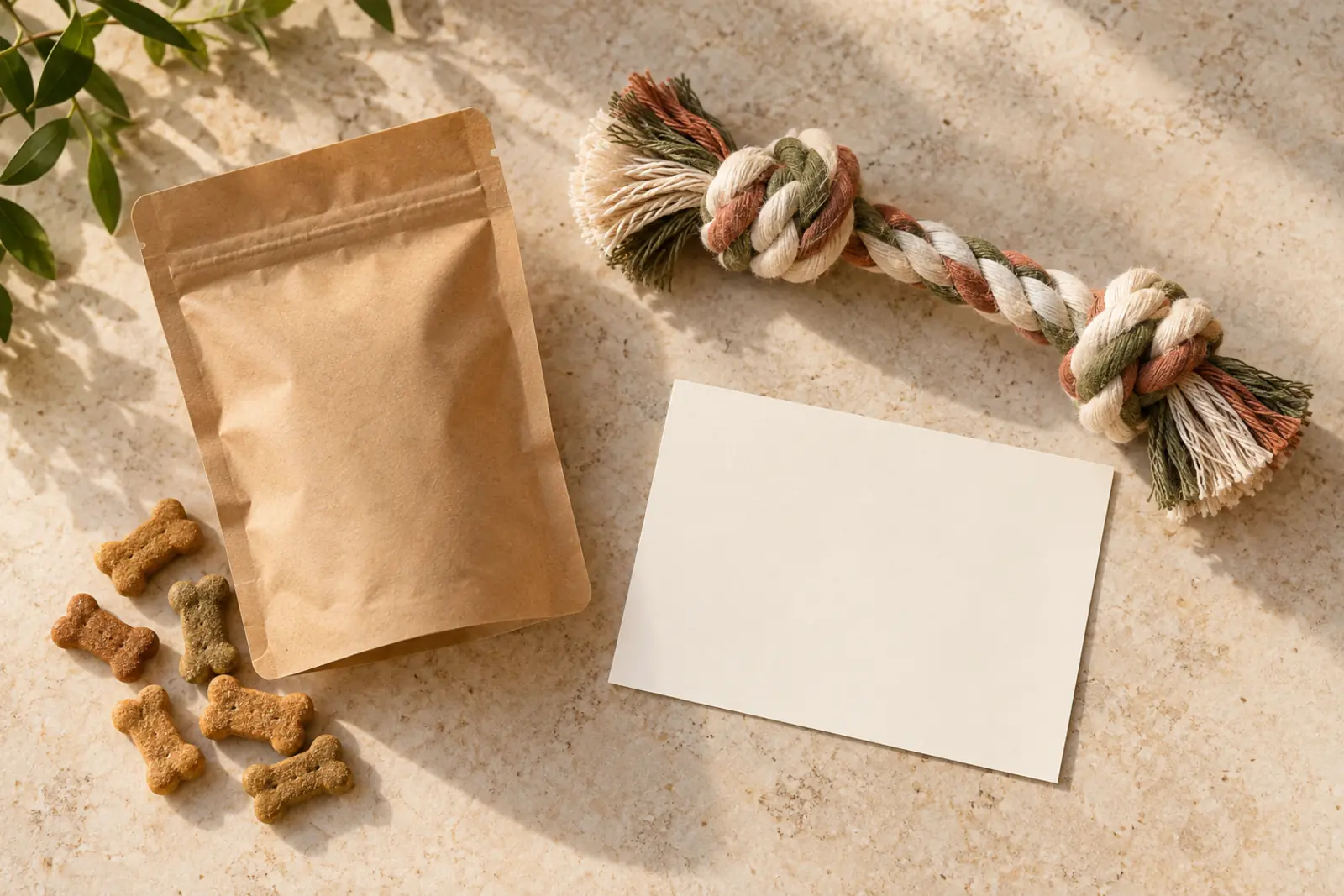 A bag of treats, a rope toy and a blank card on a counter