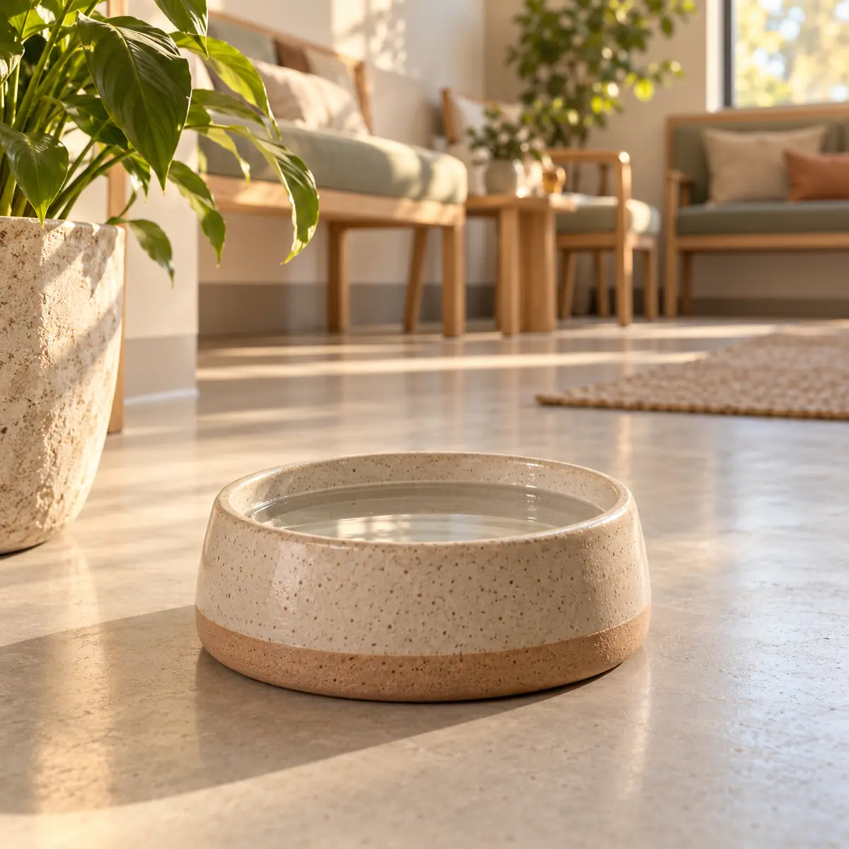 A stoneware dog bowl of water on a clinic floor
