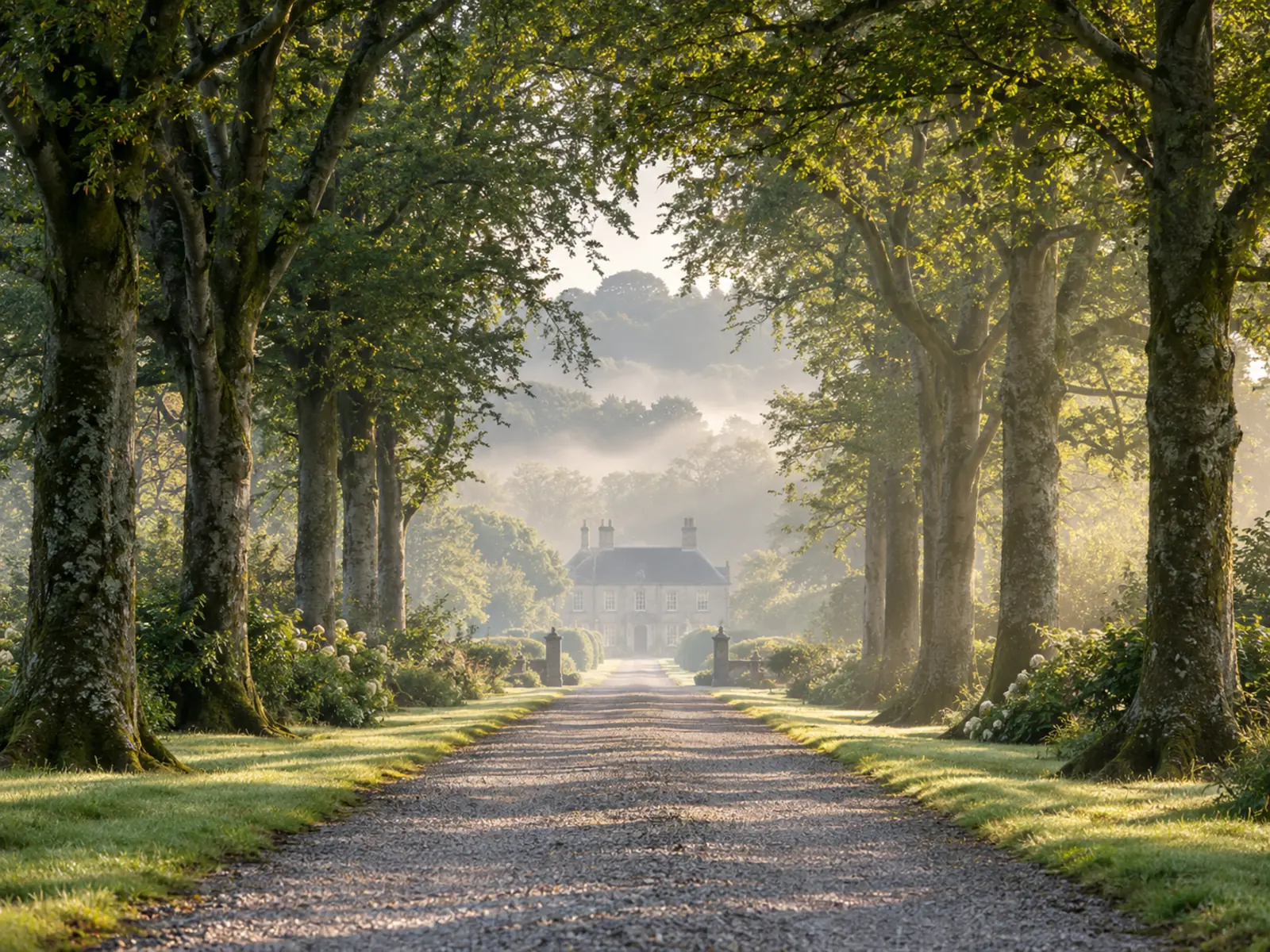 A tree-lined avenue leading to a country house in morning mist