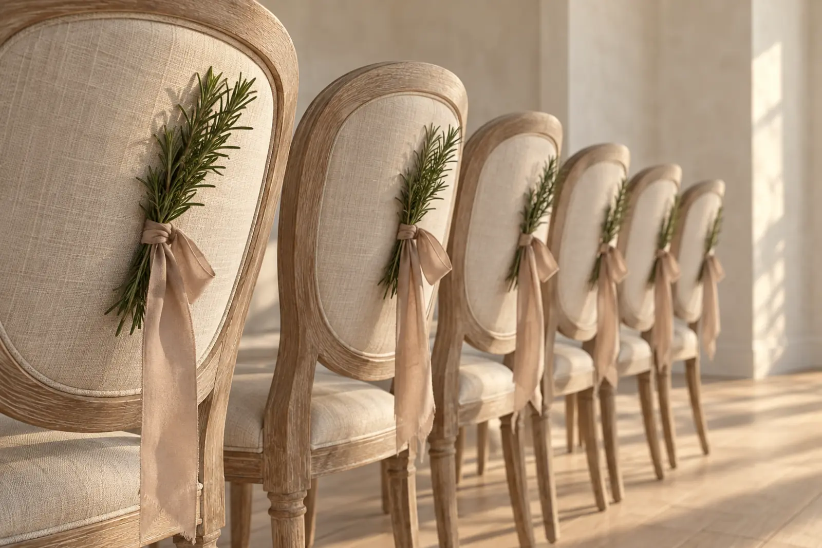 A row of linen-dressed chairs, each tied with rosemary and a ribbon