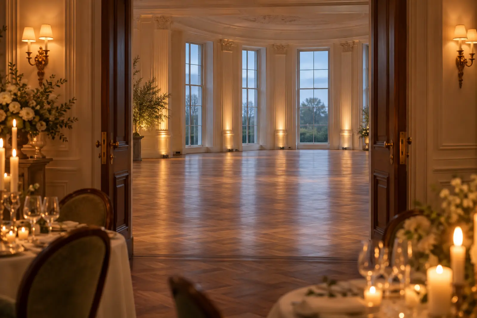 A candlelit dining room opening into an empty ballroom with tall windows