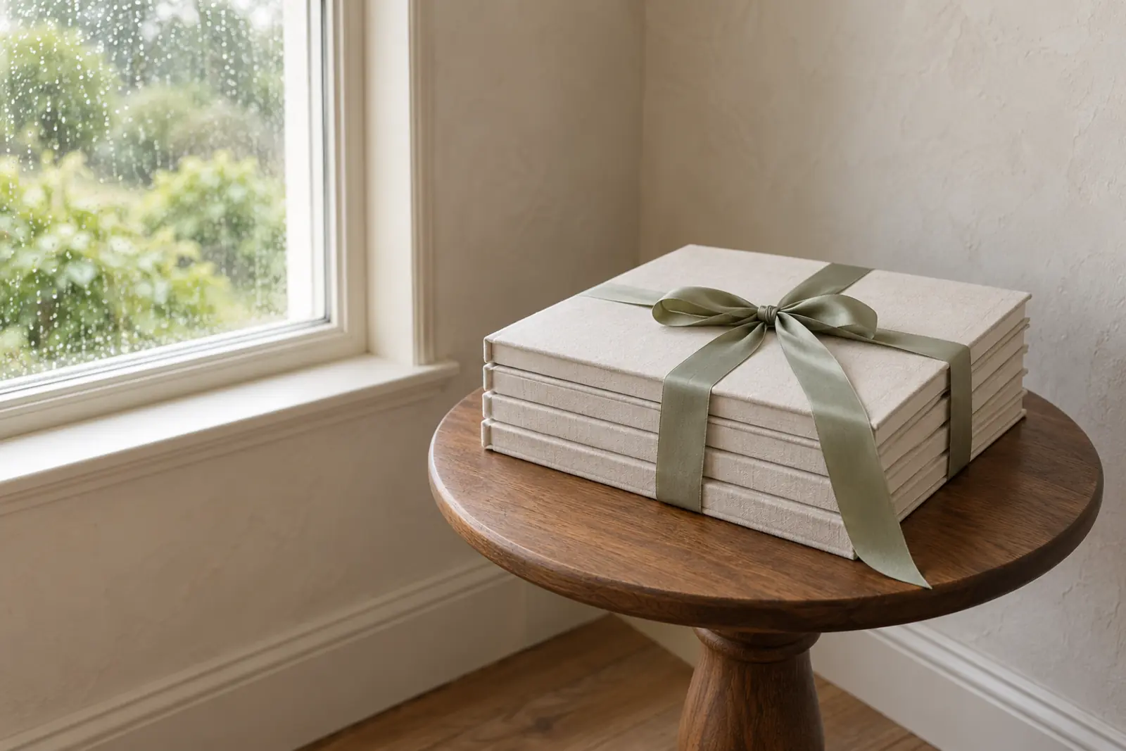 Linen-bound brochures tied with ribbon on a side table by a rainy window